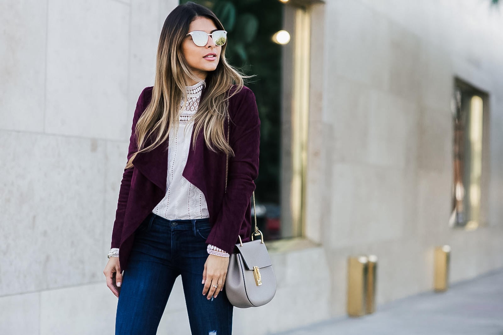 bb dakota suede burgundy jacket, lace top, skinny jeans, schutz pumps