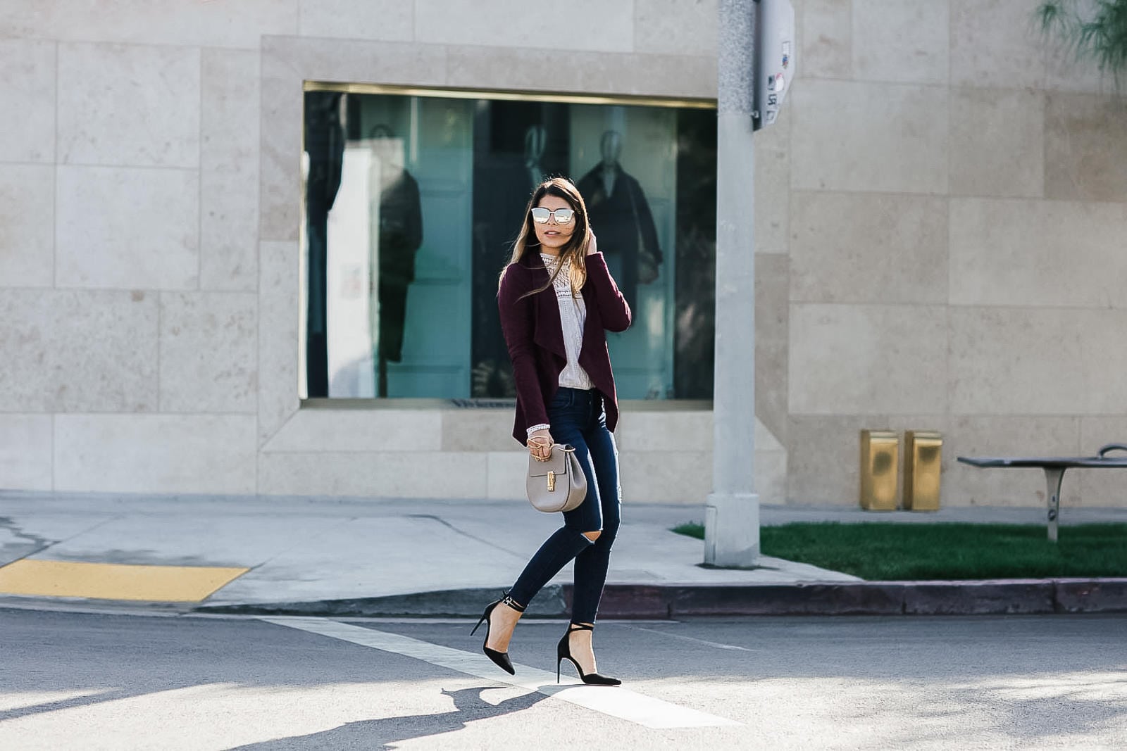 bb dakota suede burgundy jacket, lace top, skinny jeans, schutz pumps