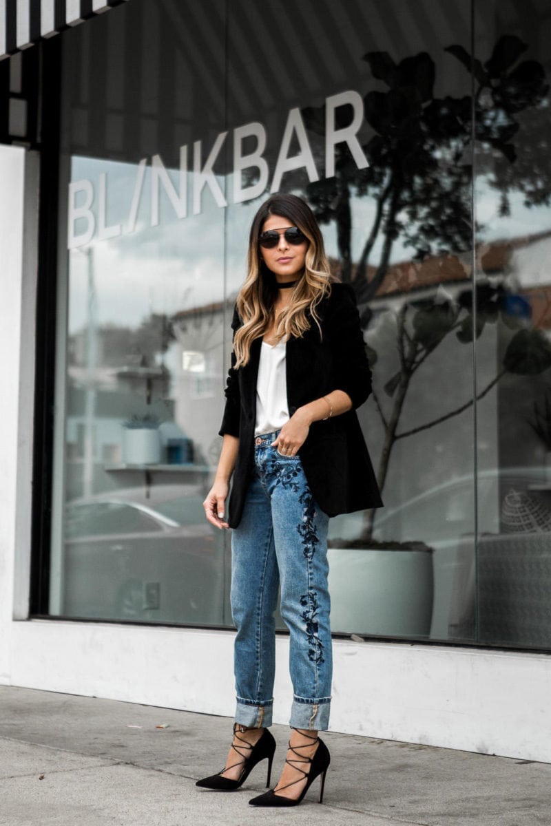 Pam Hetlinger wearing One Teaspoon Embroidered Jeans, Asos Lace-up Heels, Madewell Velvet Blazer, Choker, Black Friday Sales | The Girl From Panama