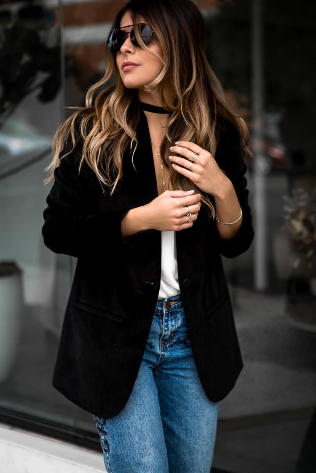 Pam Hetlinger wearing One Teaspoon Embroidered Jeans, Asos Lace-up Heels, Madewell Velvet Blazer, Choker, Black Friday Sales | The Girl From Panama