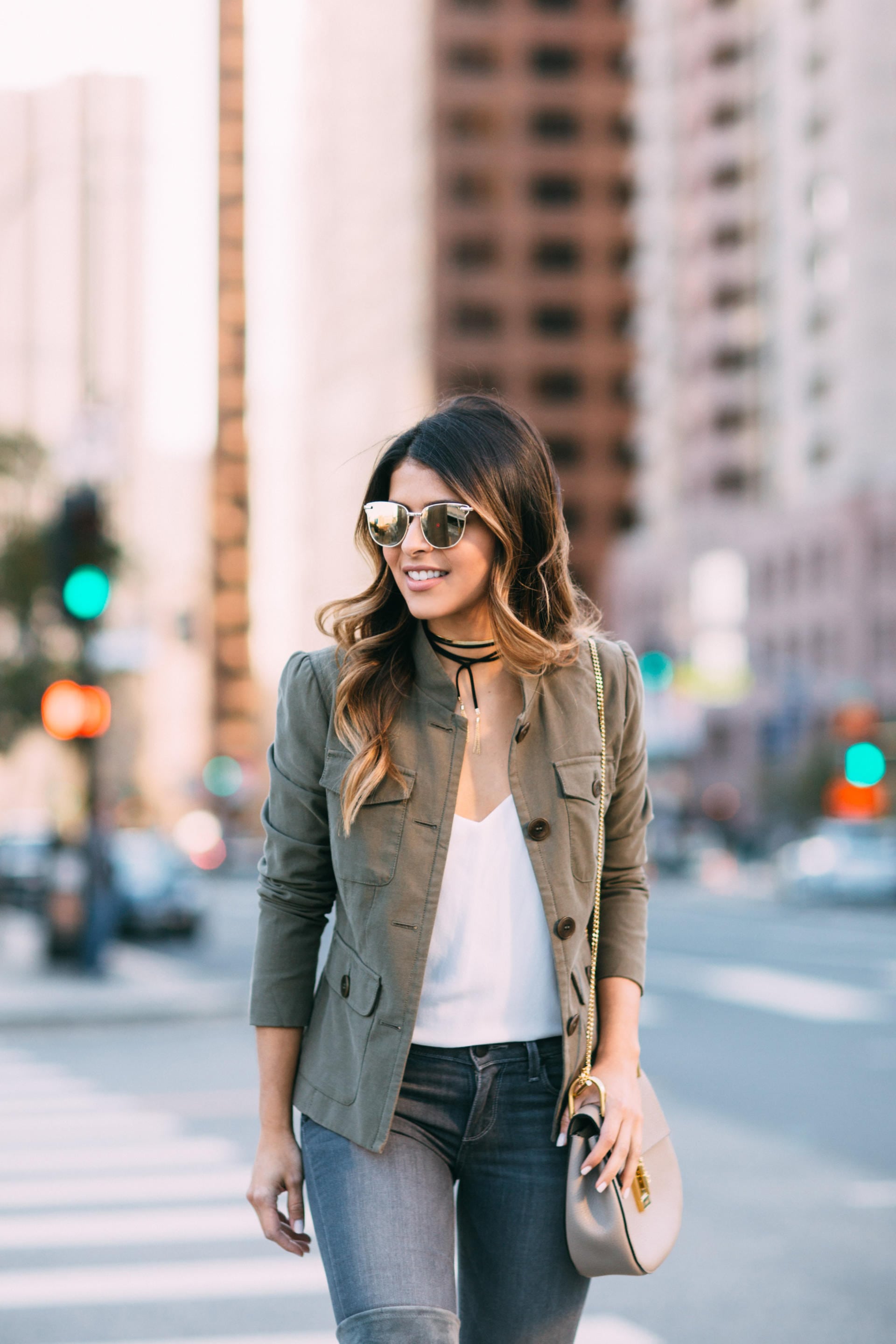 Pam Hetlinger wearing an army jacket, paige grey jeans, stuart weitzman highland boots, chloe drew bag, bauble choker, everyday look | The Girl From Panama