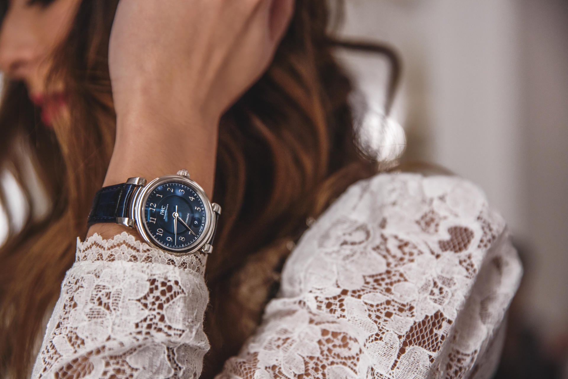 Pam Hetlinger, The Girl From Panama in Geneva with IWC Watches, Reformation Lace top