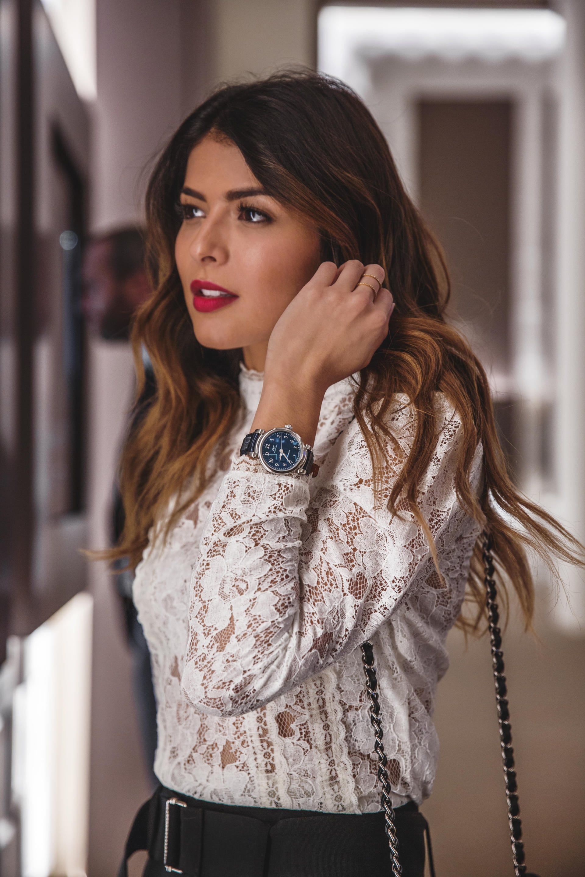 Pam Hetlinger, The Girl From Panama in Geneva with IWC Watches, Reformation Lace top