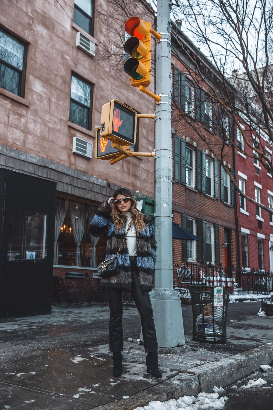 NYFW FALL WINTER 2017, Ale by Alessandra Faux Fur Jacket, Leather pants, steve madden booties, Gucci GG Marmont Bag | The Girl From Panama