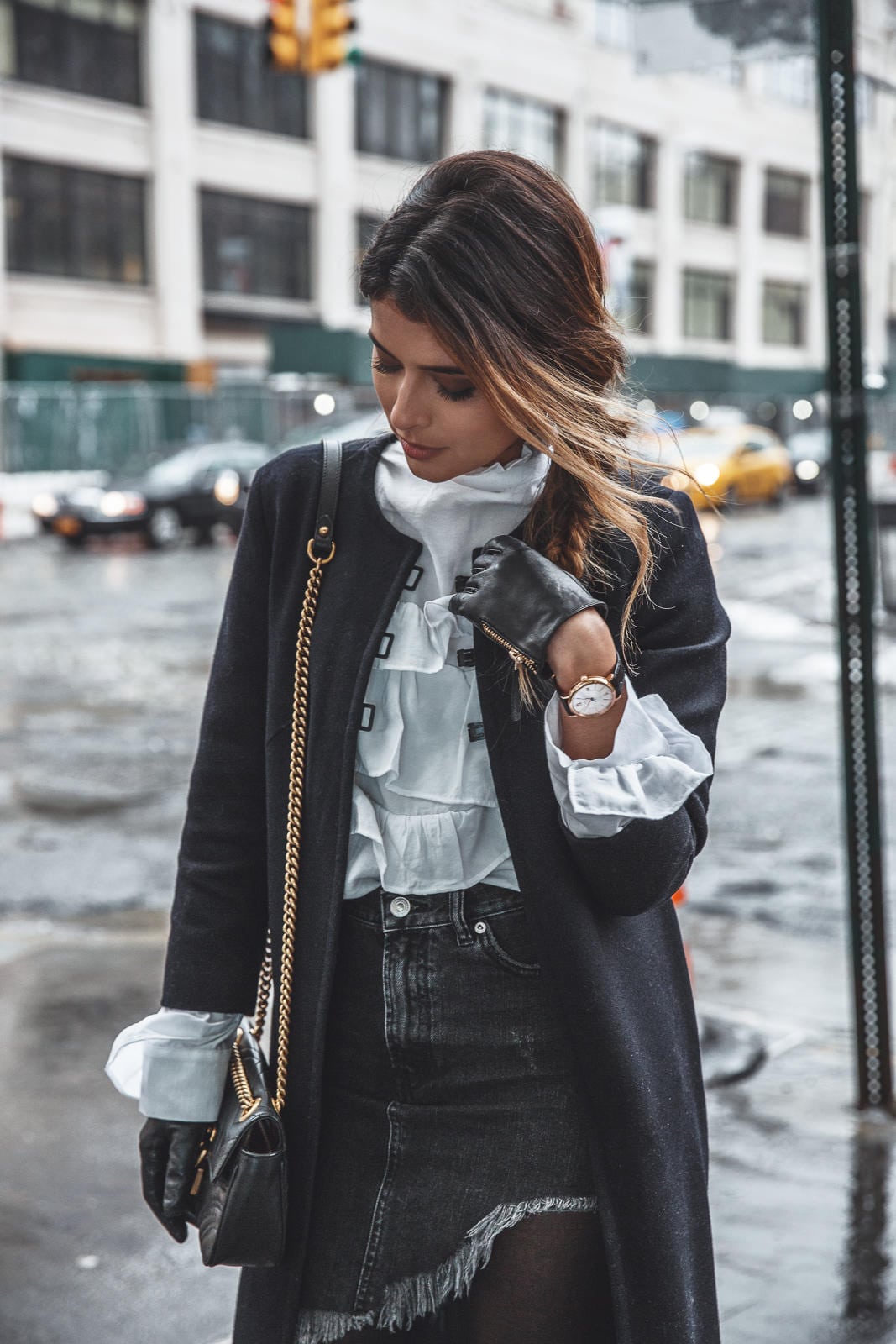 NYFW Fall Winter 2017, NYFW Streetstyle, Stuart Weitzman highland boots, zara denim skirt, ayr coat, h&m ruffle shirt, braid | The Girl From Panama