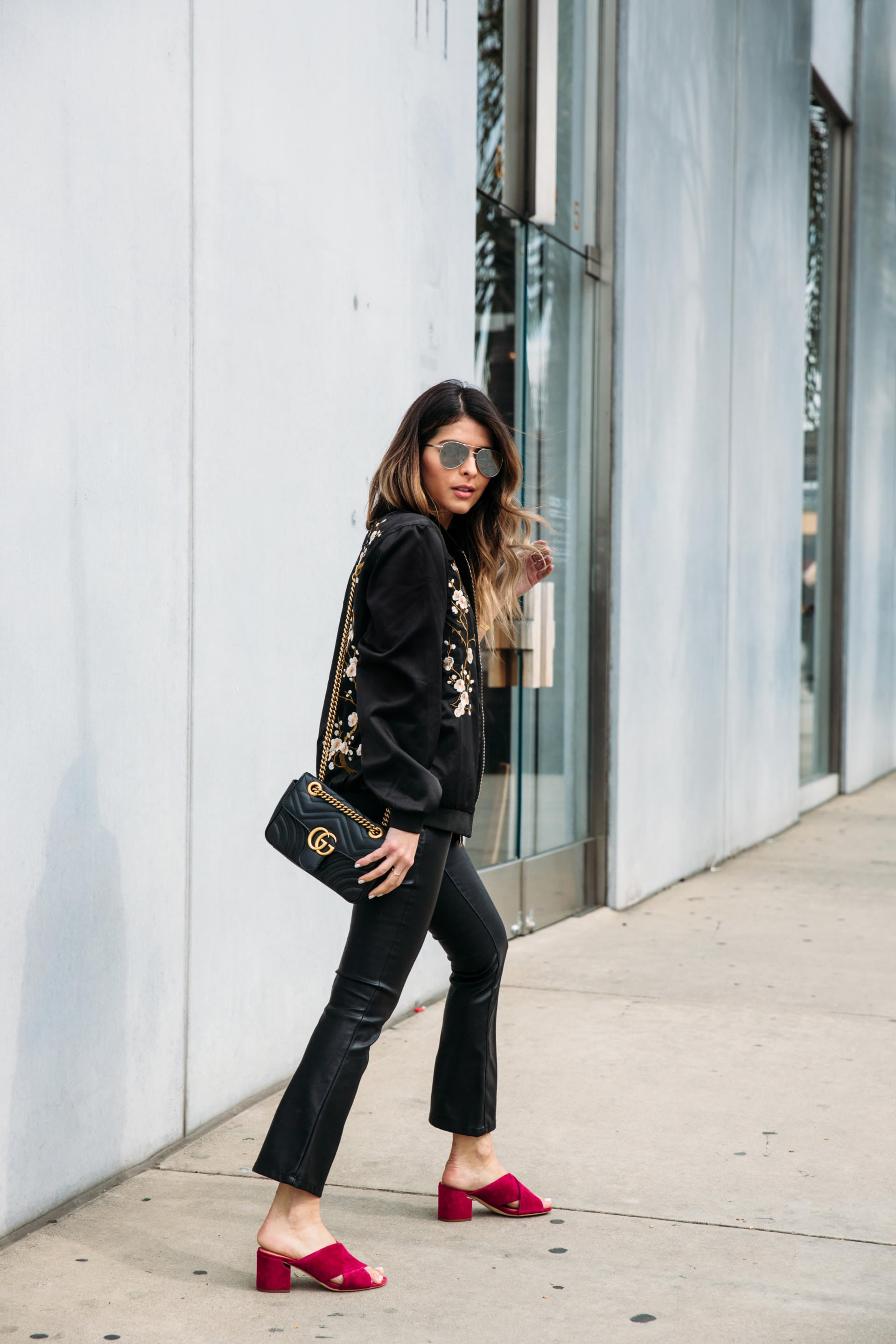 Sigerson Morrison Rhoda Suede Muele Sandal, Bomber Jacket, Leather Pants, Gucci Marmont Bag | The Girl From Panama