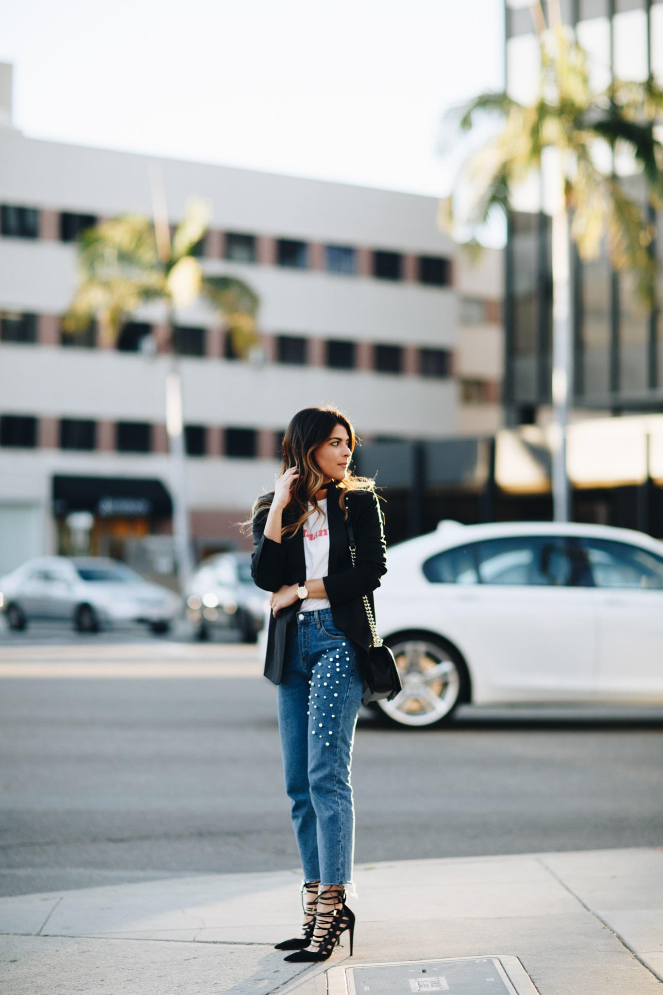 Storets Pearl Jeans, Sezane t-shirt, Black Blazer, Black Chanel Boy, Aquazzura Amazon Heels _ The Girl From Panama