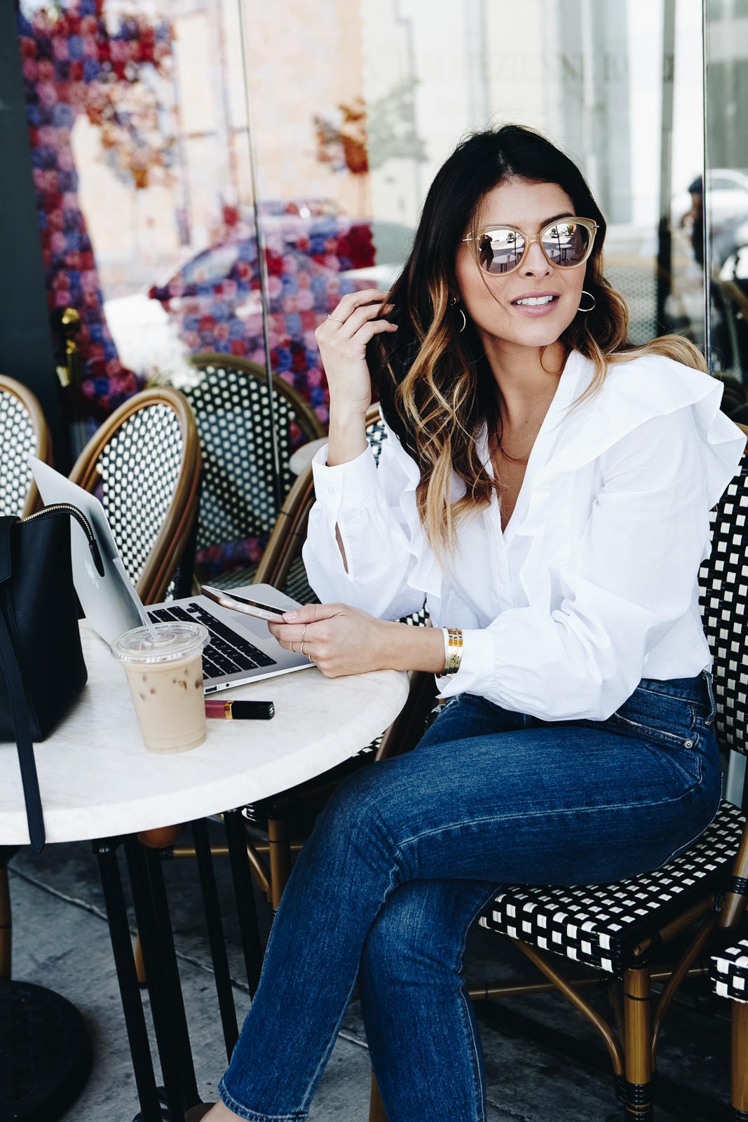 Express Ruffle front long sleeve top, high waisted skinny jeans, chanel mules |The Girl From Panama