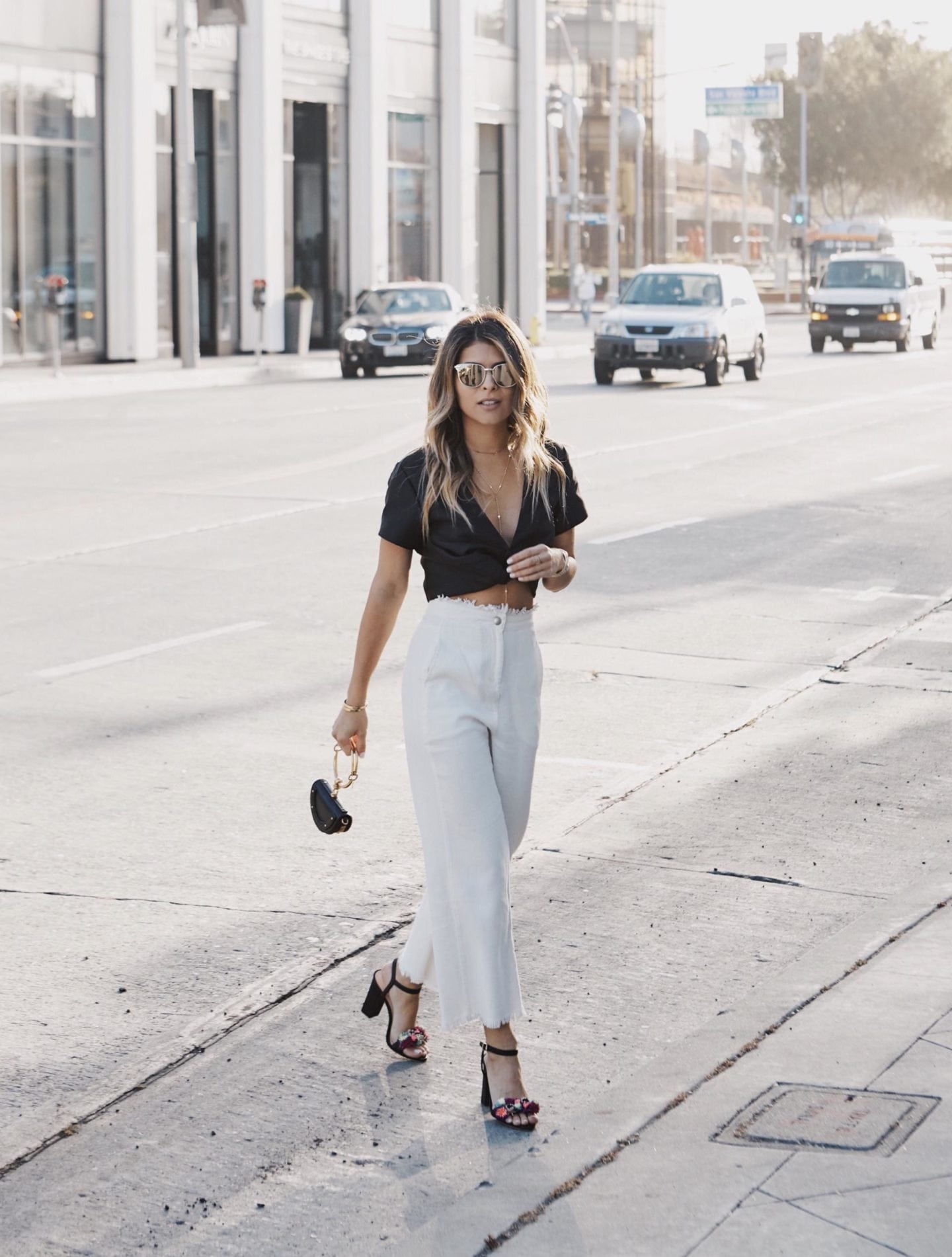 Black Crop Top, White Pants, Loeffer Randall Layla Pom Poms sandals // The Girl From Panama