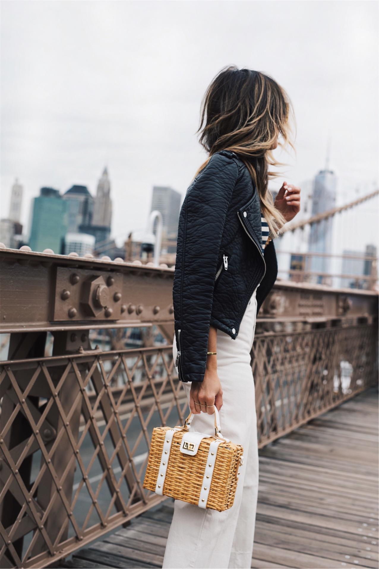 How to Style Denim in June // White Jeans, Striped Top, Basket Bag, Leather Jacket, Black Mules // The Girl From Panama