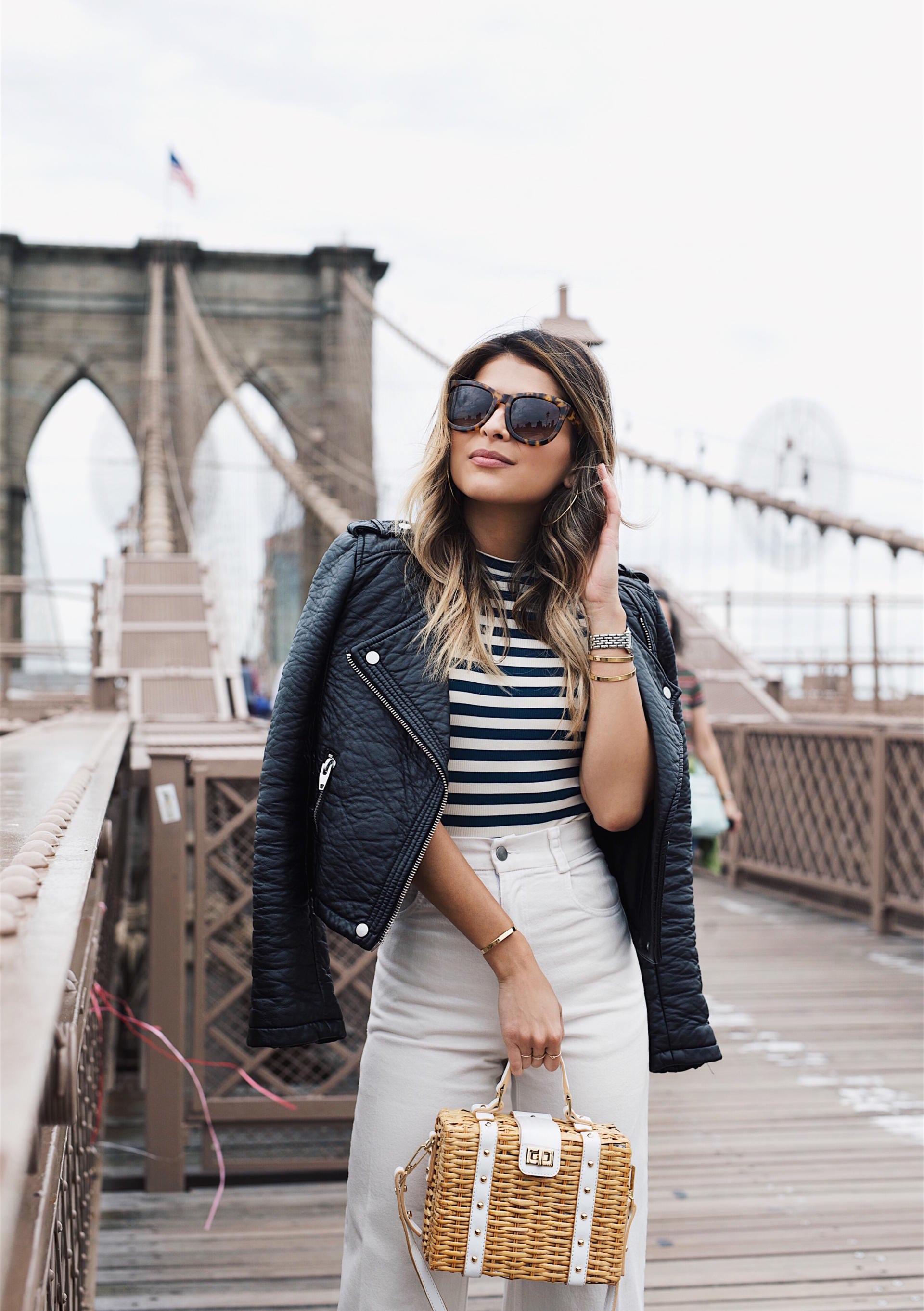 How to Style Denim in June // White Jeans, Striped Top, Basket Bag, Leather Jacket, Black Mules // The Girl From Panama