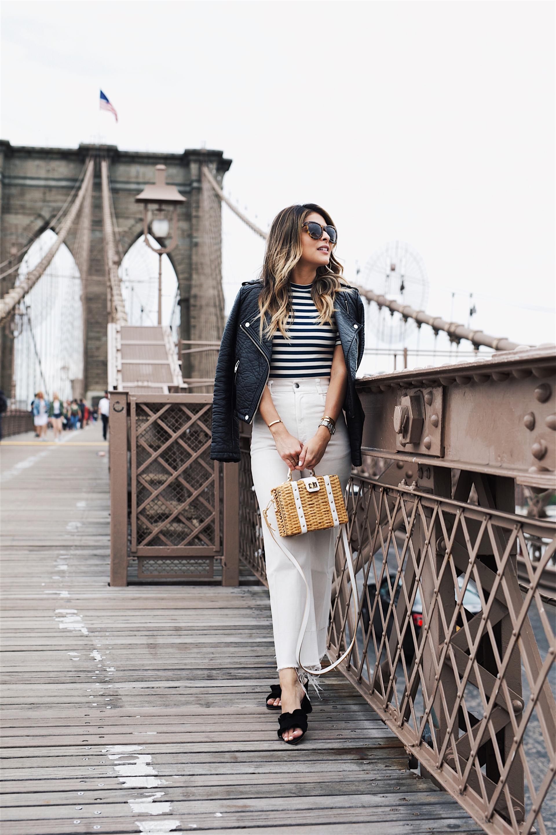 How to Style Denim in June // White Jeans, Striped Top, Basket Bag, Leather Jacket, Black Mules // The Girl From Panama