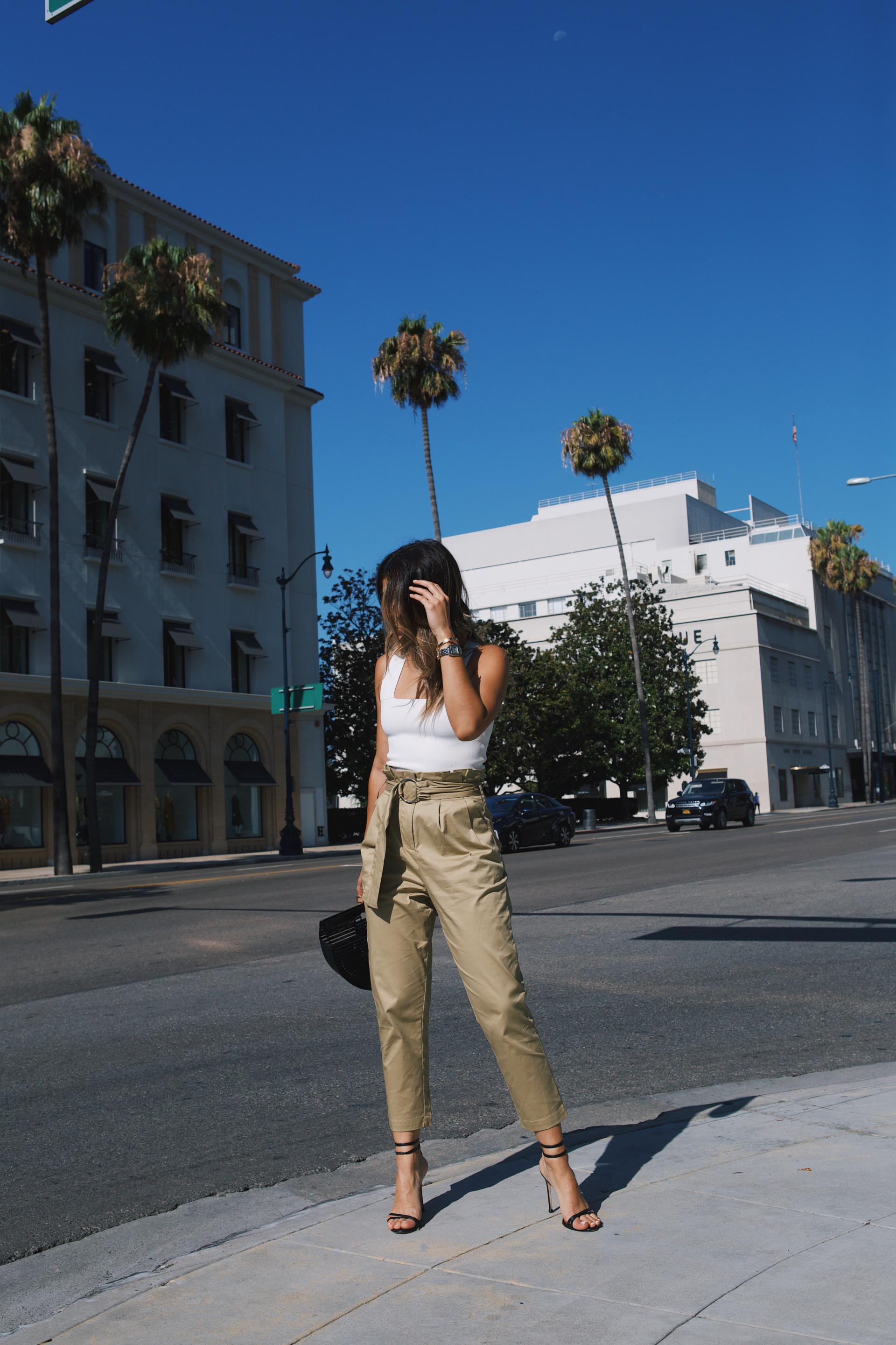 High Waisted Pants, ALC Crop Top, Cult gaia basket bag, gold earrings // The Girl From Panama 