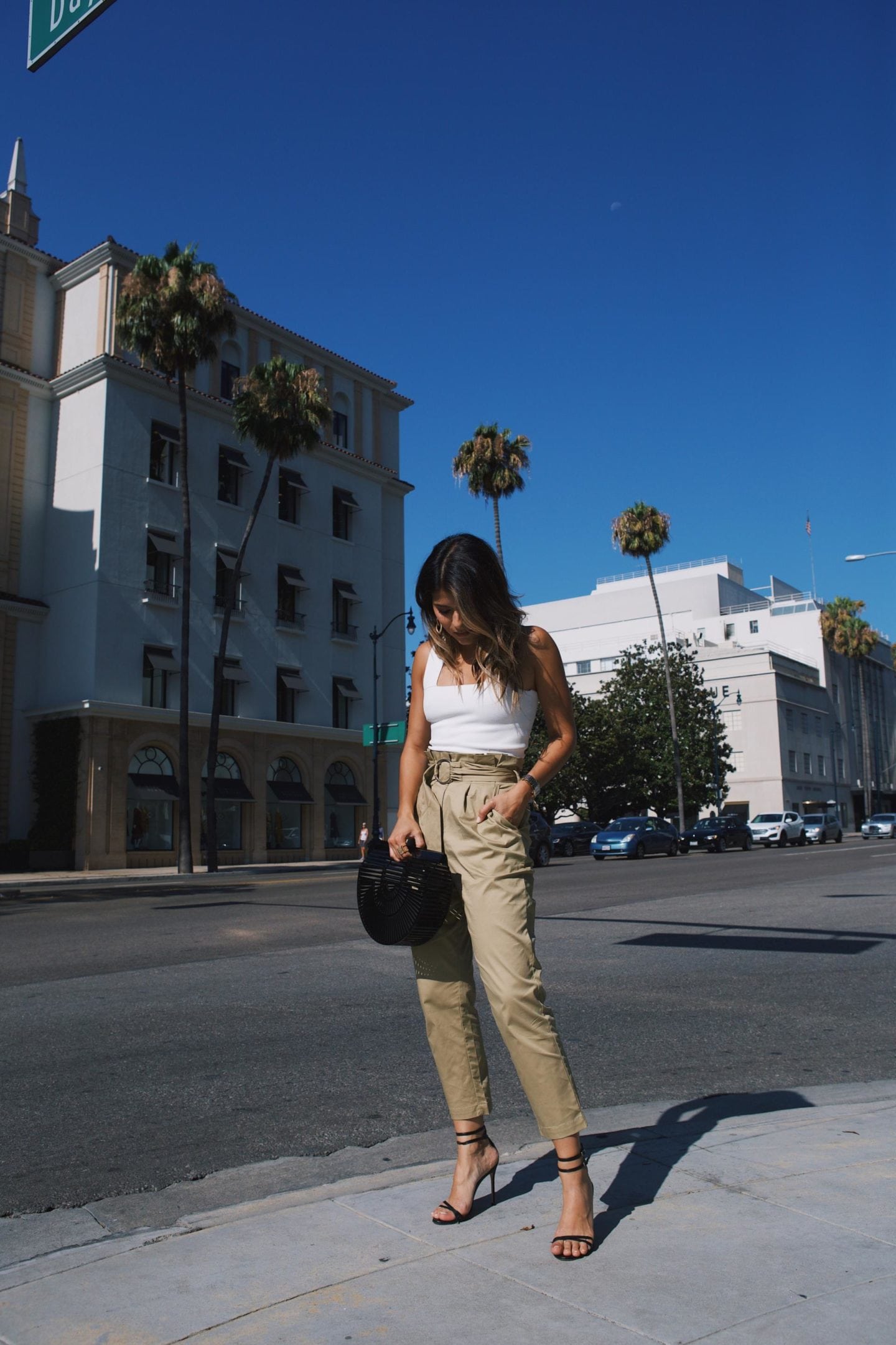 High Waisted Pants, ALC Crop Top, Cult gaia basket bag, gold earrings // The Girl From Panama