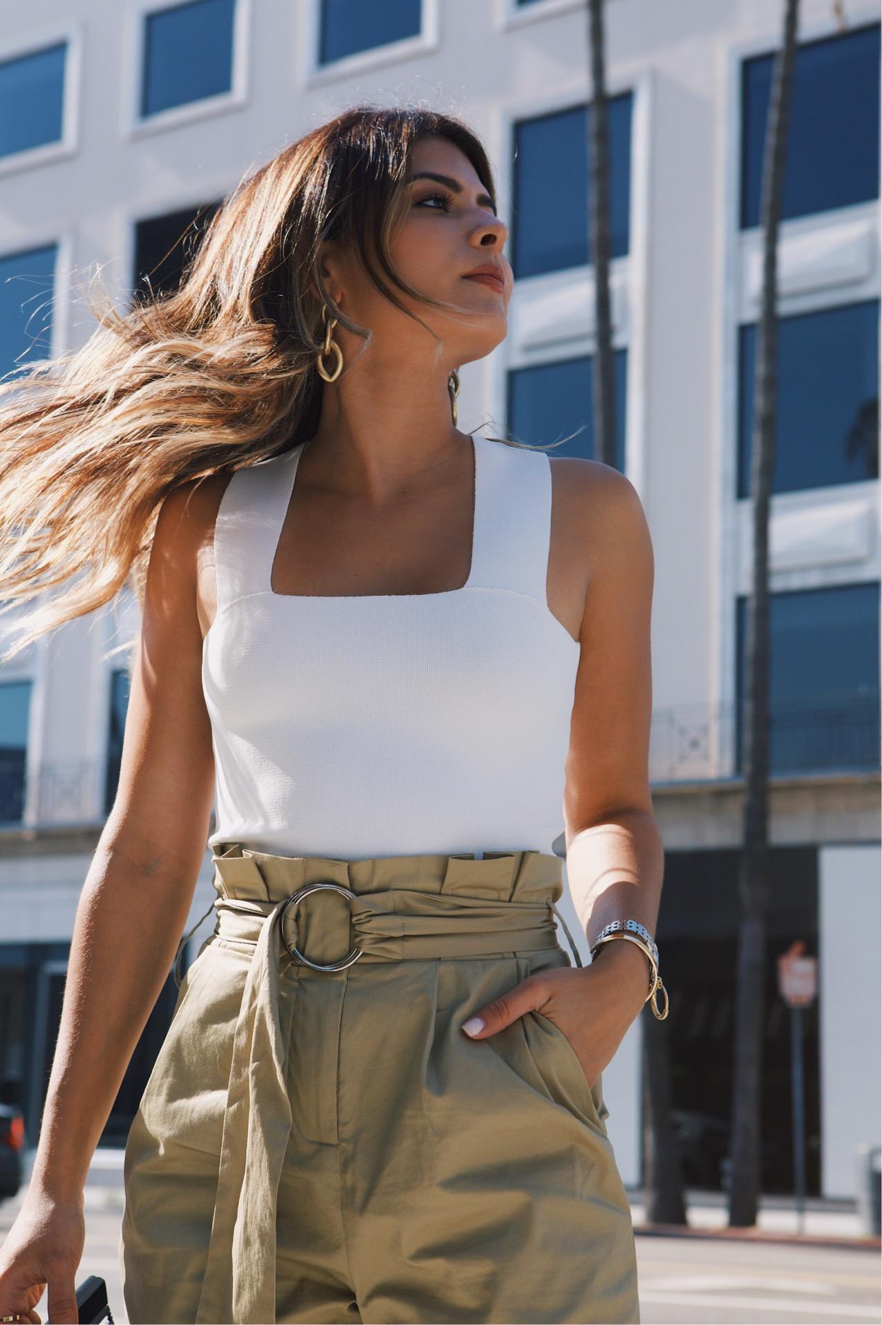 High Waisted Pants, ALC Crop Top, Cult gaia basket bag, gold earrings // The Girl From Panama 