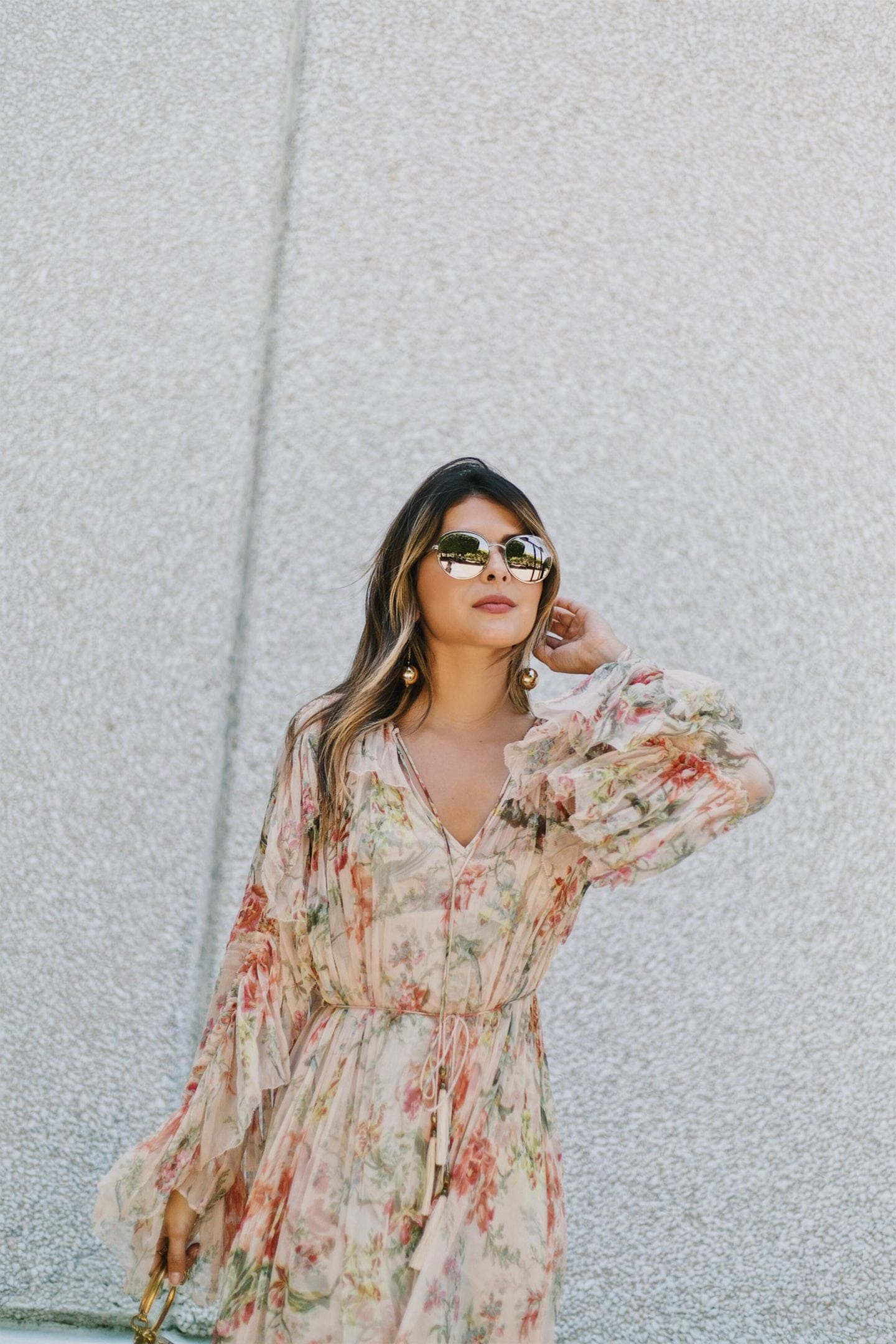 pastel floral dress, pam hetlinger, ruffle dress for summer, floral maxi dress, mirrored sunglasses