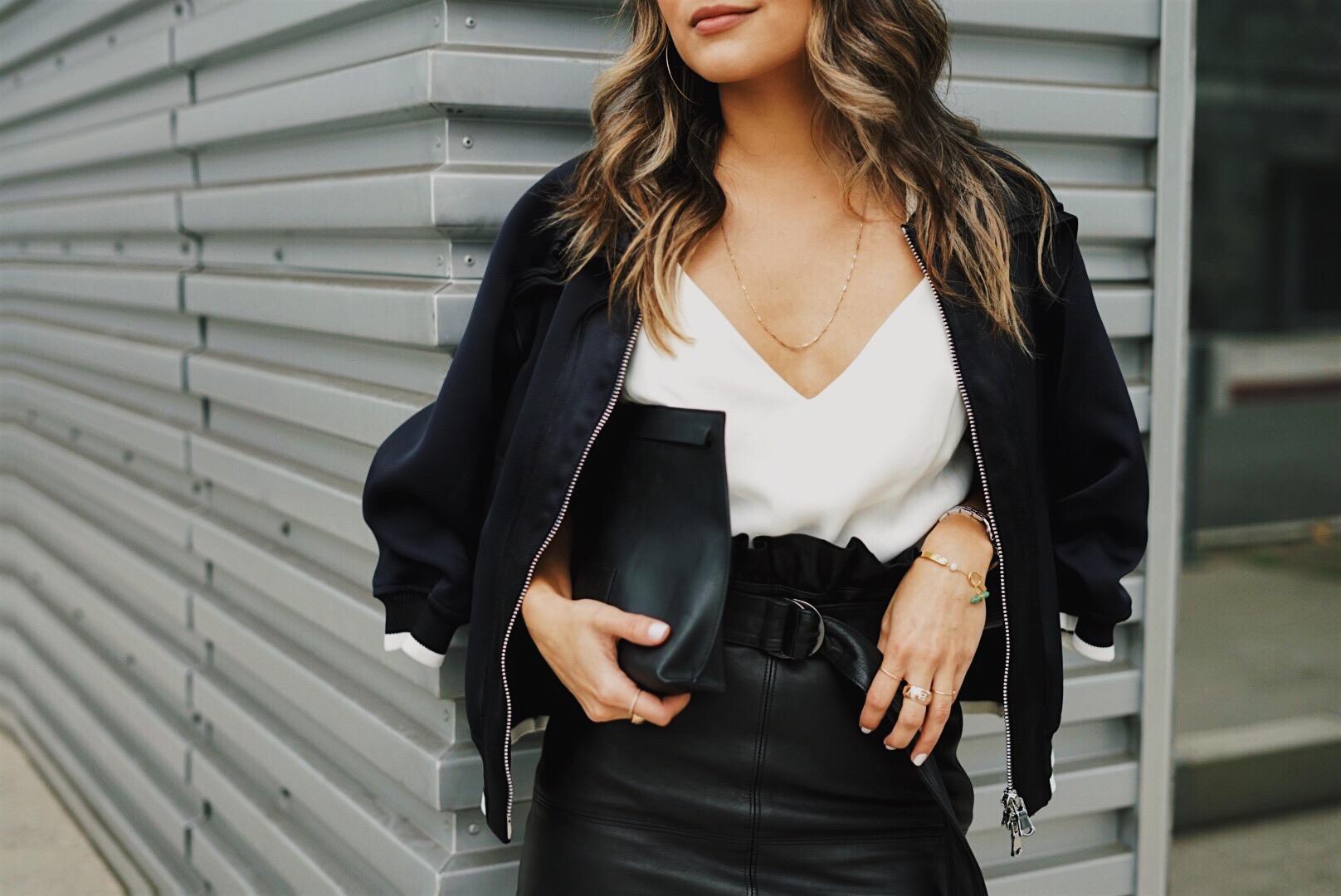 Pam Hetlinger styles a leather skirt with a bomber jacket