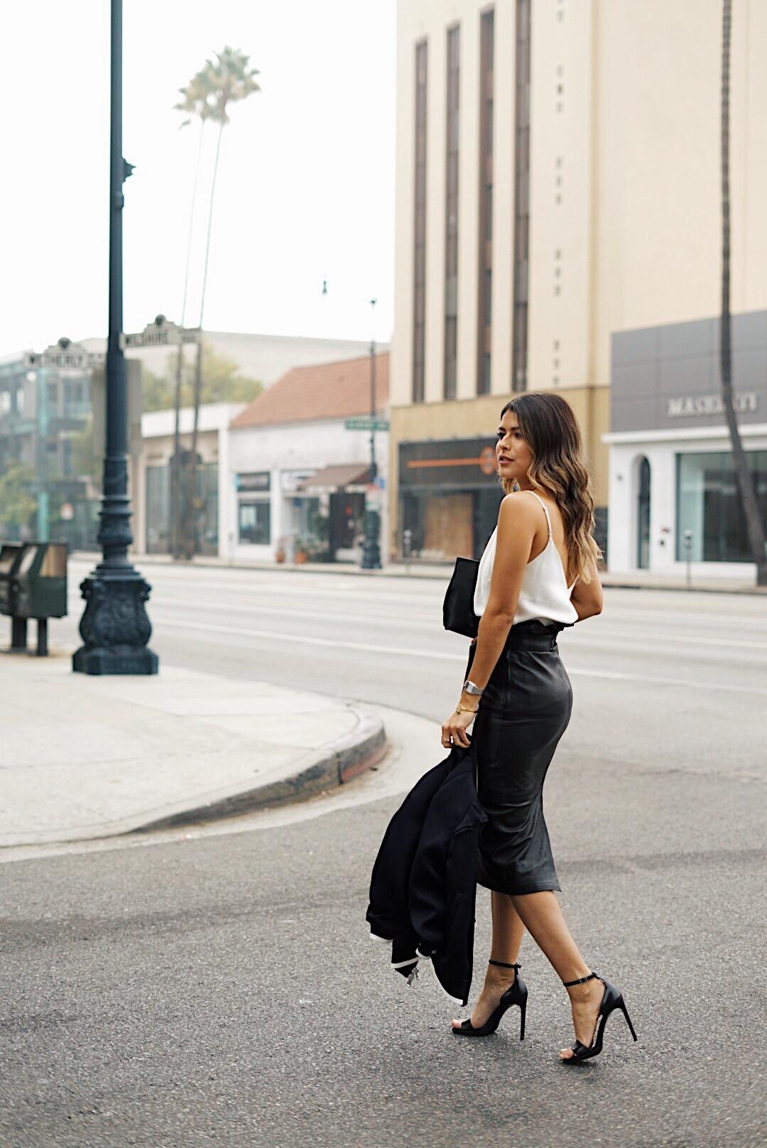 Pam Hetlinger styles a leather skirt with a bomber jacket