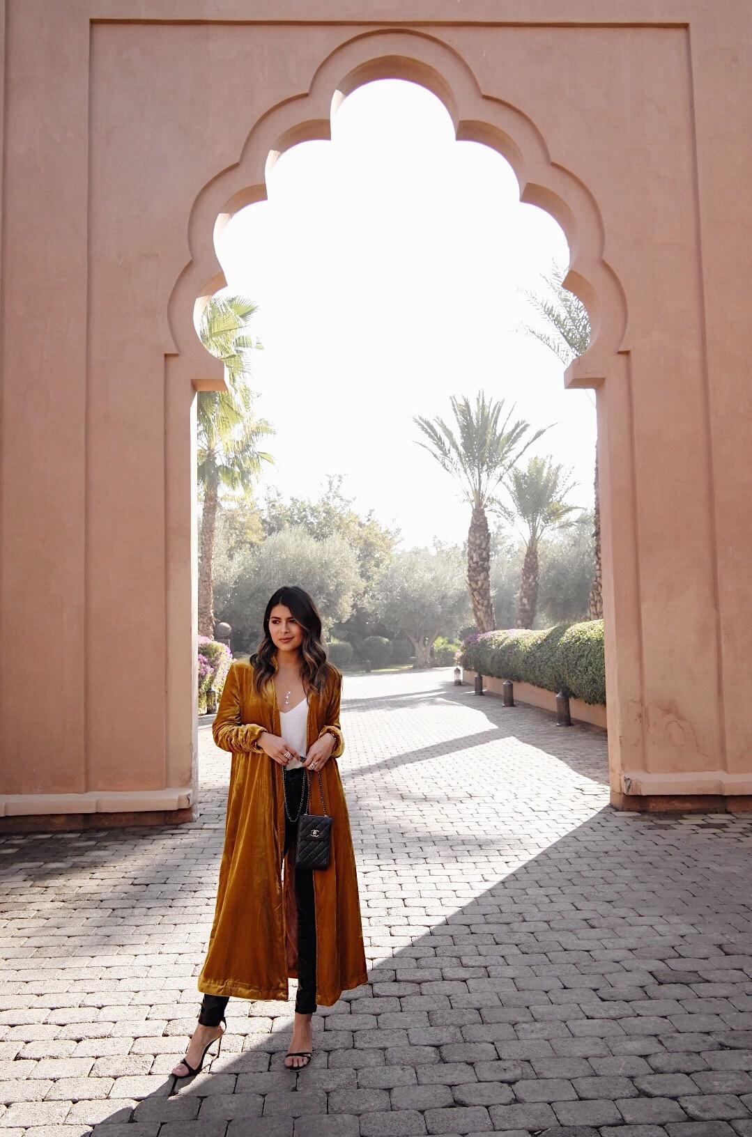 Pam Hetlinger wearing a velvet duster and leather jeans at the Selman Marrakech, Morocco