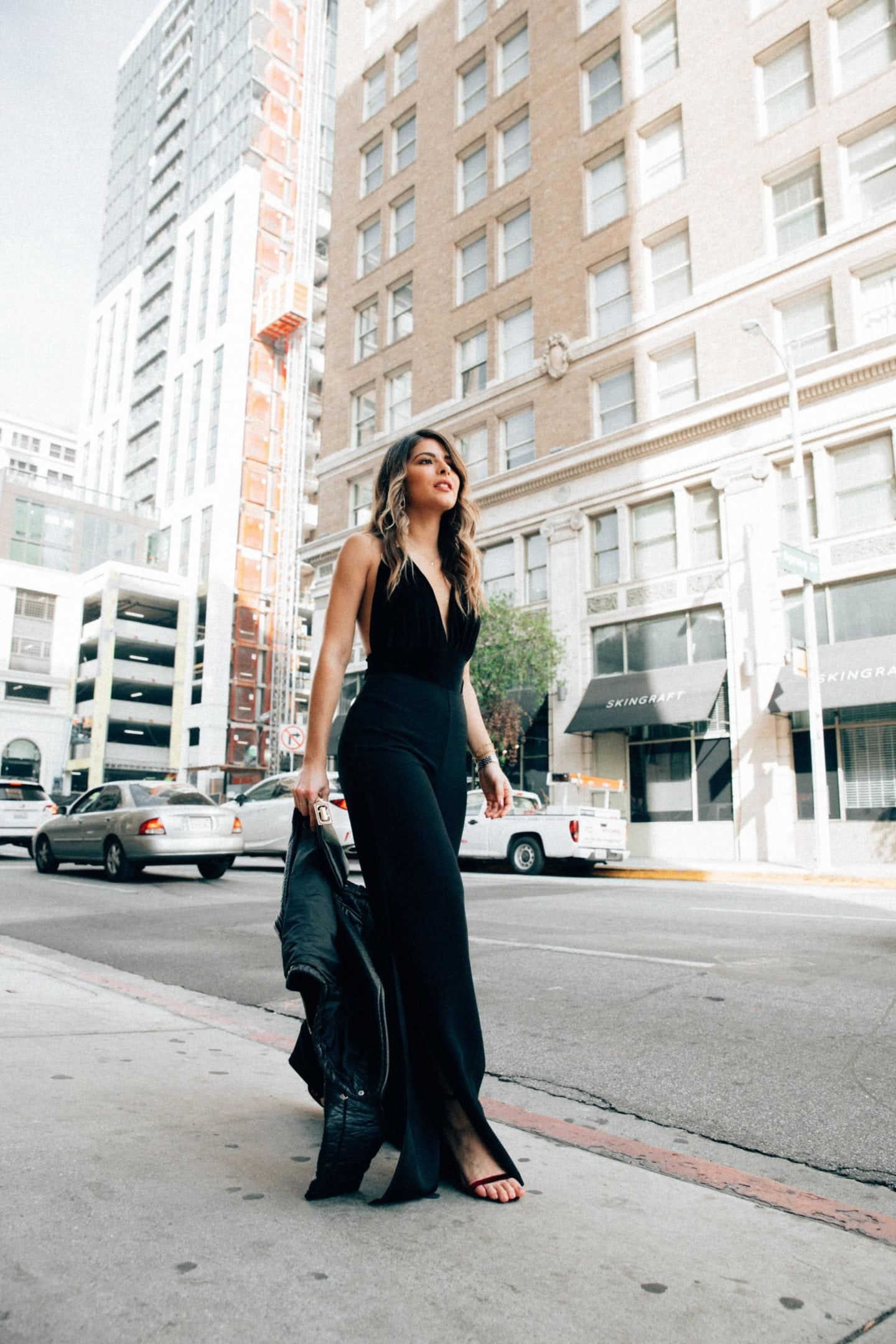 TheGirlFromPanama.com | The Perfect Valentine's Day Outfit | Black Wide Leg Pants with Velvet Bodysuit and Leather Jacket in Los Angeles, CA