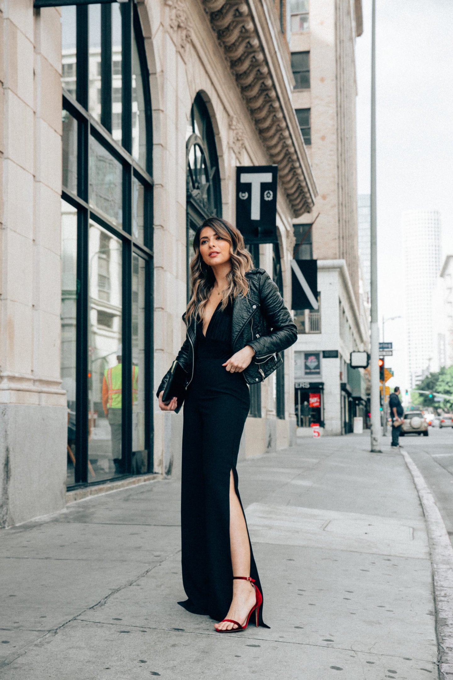 TheGirlFromPanama.com | The Perfect Valentine's Day Outfit | Bebe Valentine's Day Look | Black Wide Leg Pants with Velvet Bodysuit and Leather Jacket in Los Angeles, CA