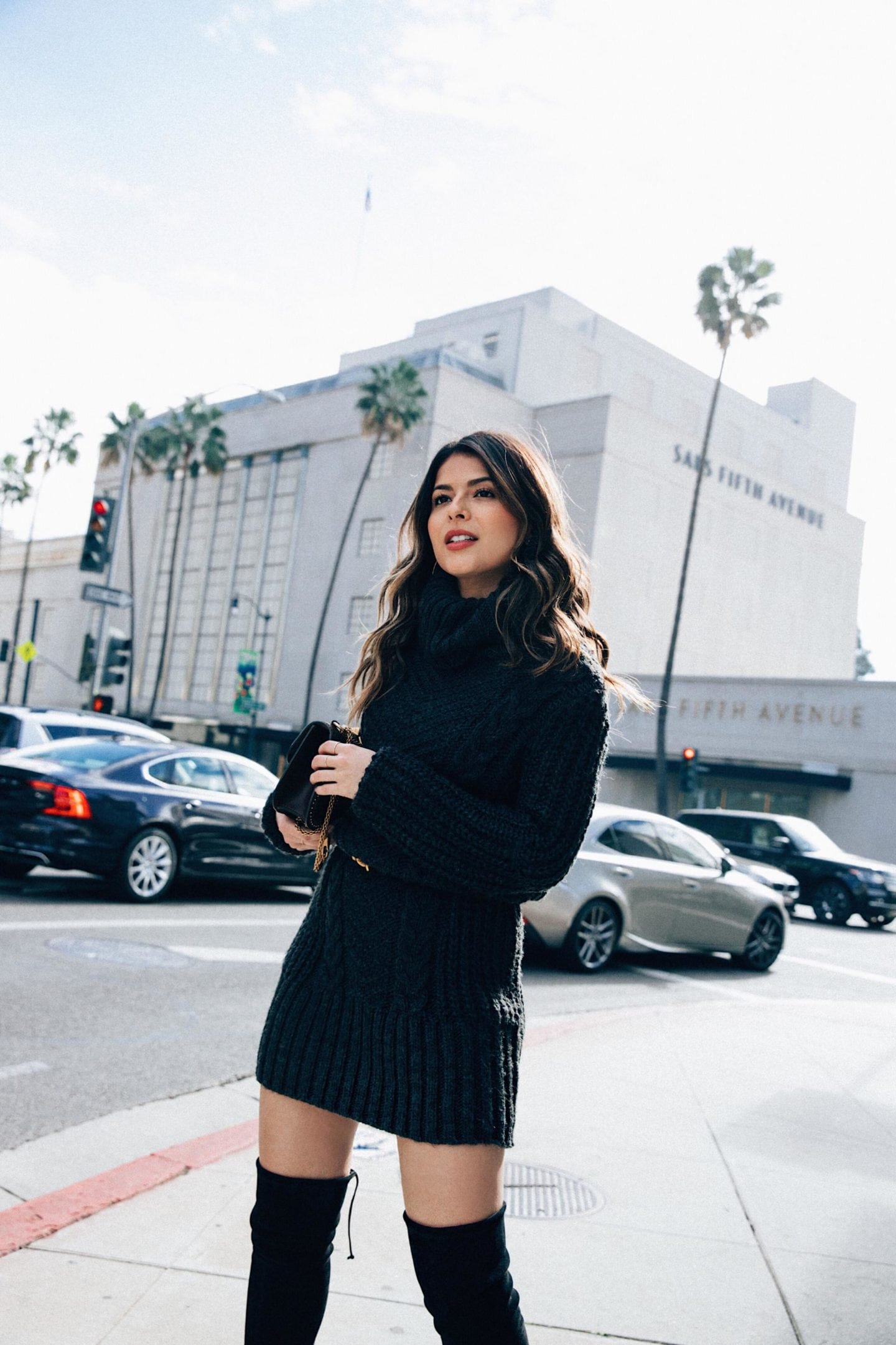 TheGirlFromPanama.com | How to Look Chic in the Winter | Black Sweater Dress with Valentino Bag in Los Angeles, CA
