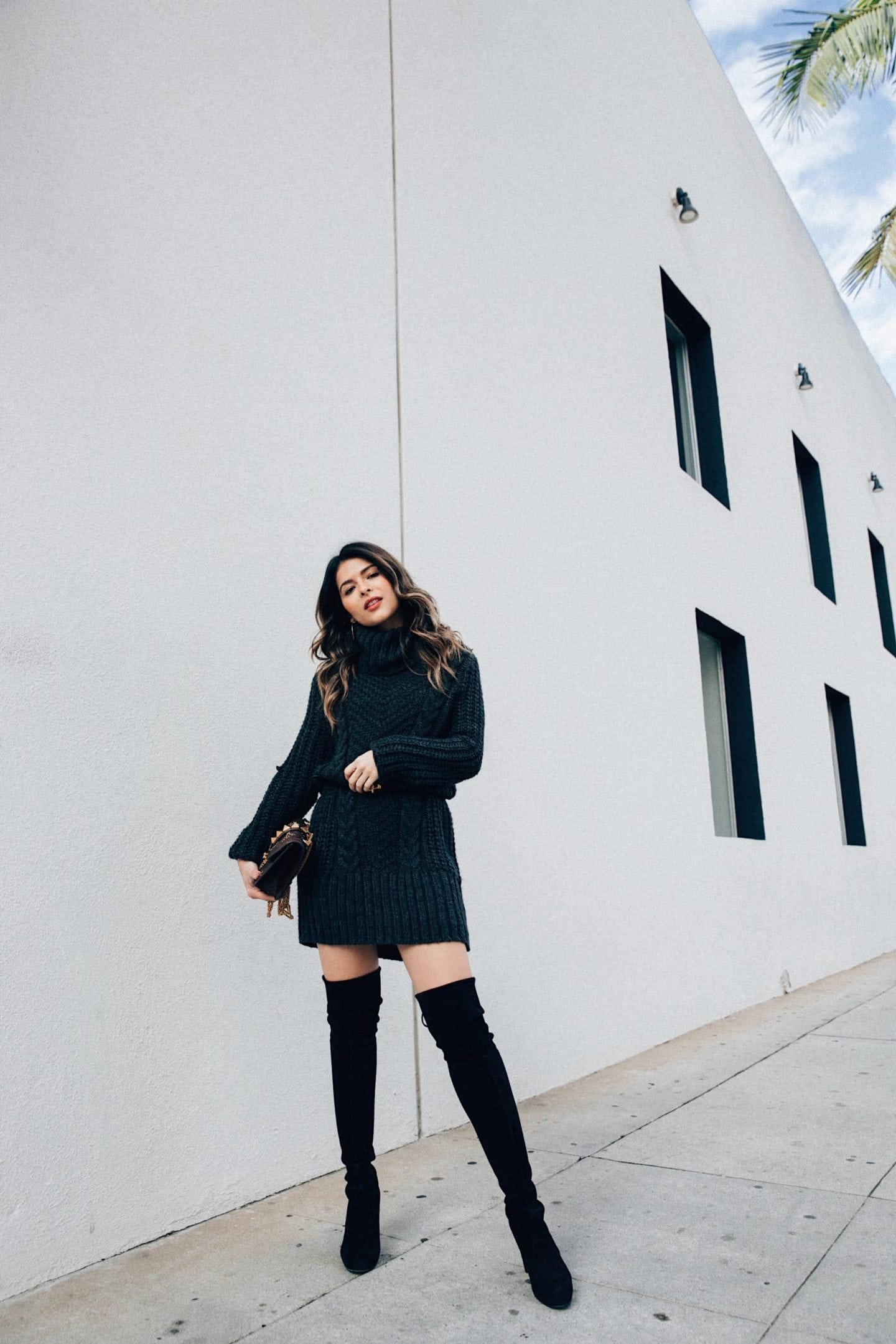 TheGirlFromPanama.com | How to Look Chic in the Winter | Black Sweater Dress with Stuart Weitzman Highland Boots in Los Angeles, CA