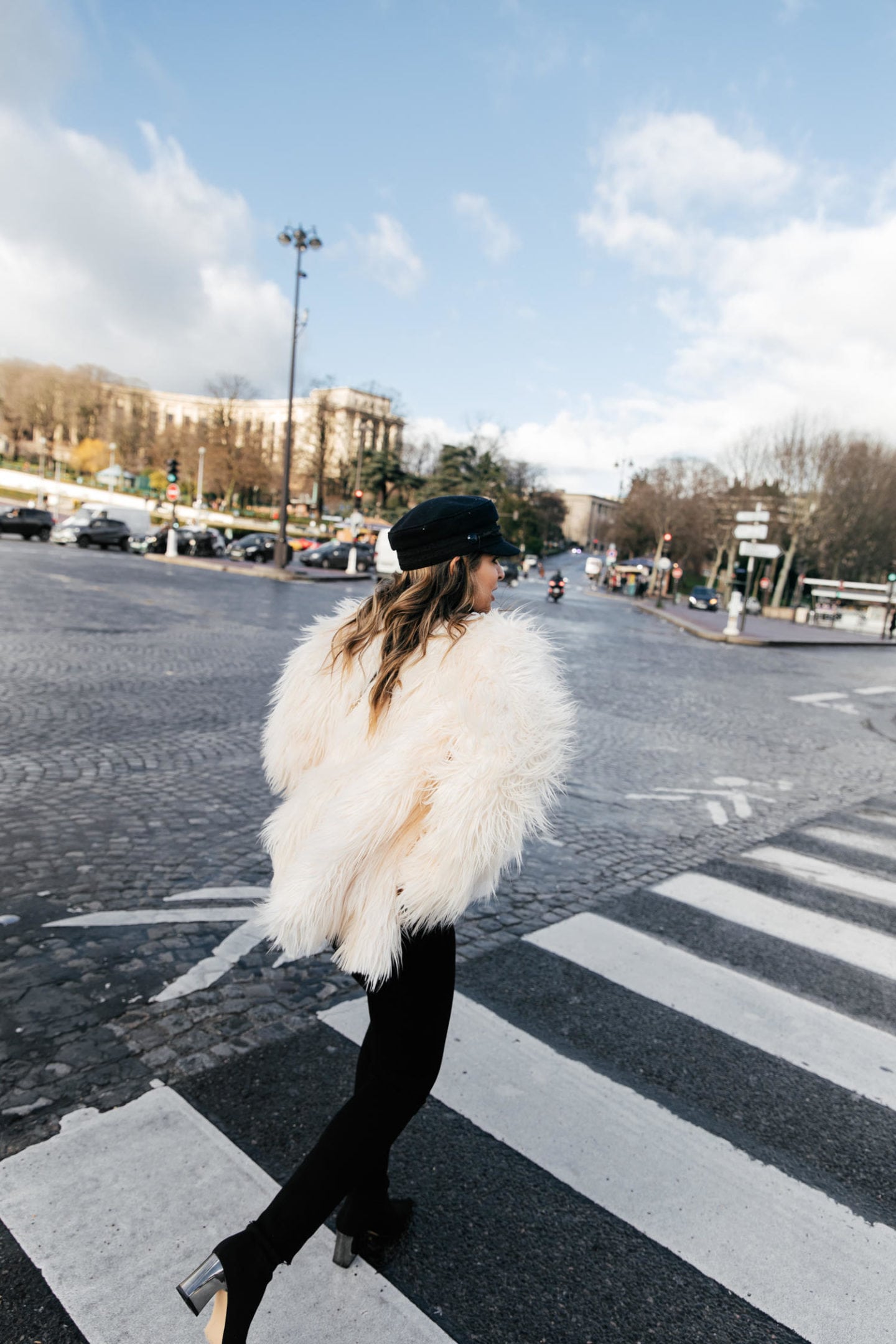 TheGirlFromPanama.com | In Paris With Armani Beauty | White Faux Fur Coat with Black Outfit in Paris, France