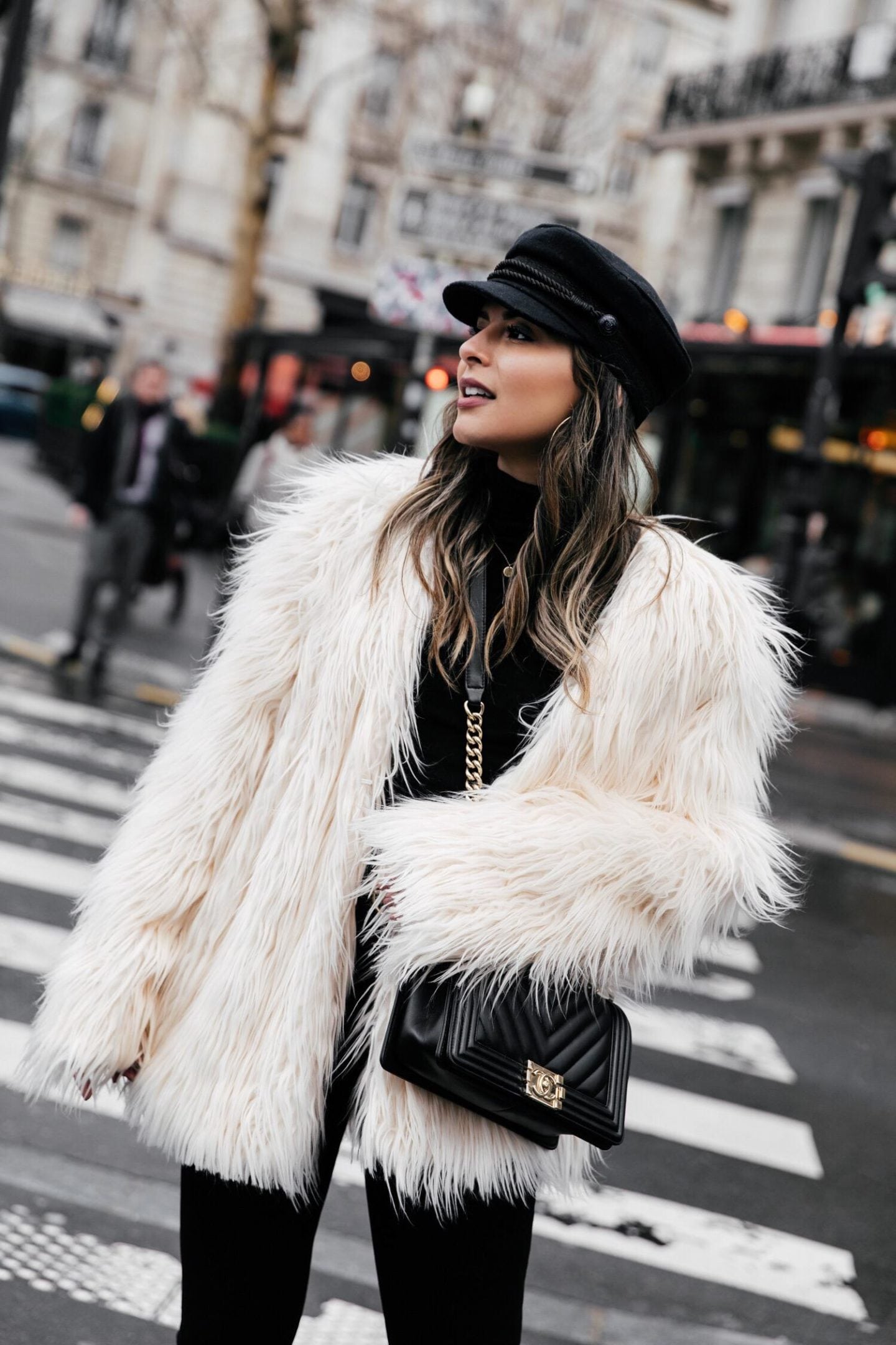 TheGirlFromPanama.com | In Paris With Armani Beauty | White Faux Fur Coat with Black Outfit in Paris, France