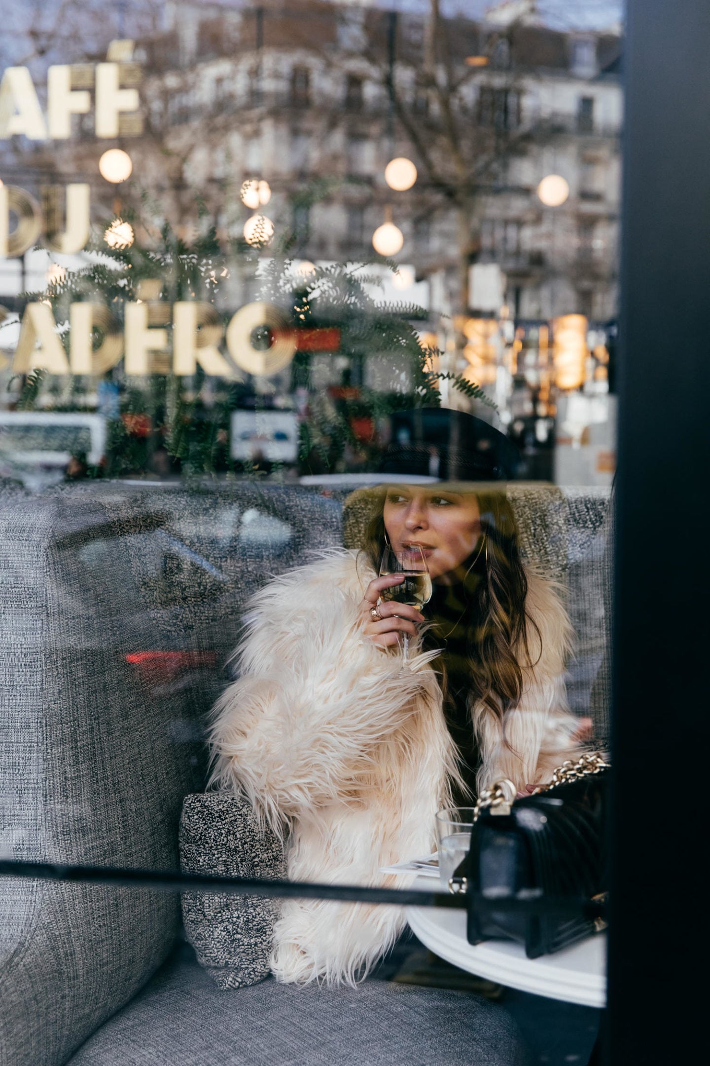 TheGirlFromPanama.com | In Paris With Armani Beauty | White Faux Fur Coat with Black Outfit in Paris, France