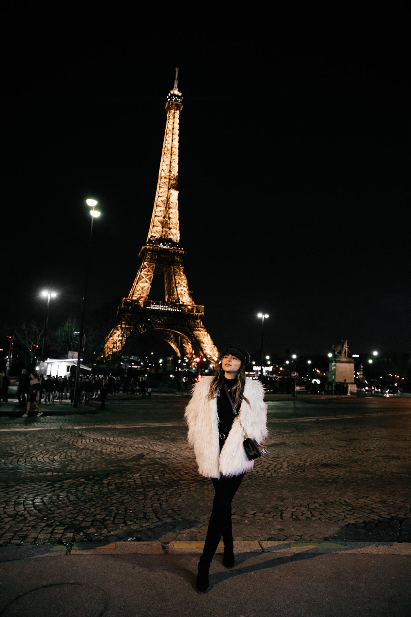 TheGirlFromPanama.com | In Paris With Armani Beauty | White Faux Fur Coat with Black Outfit in Paris, France