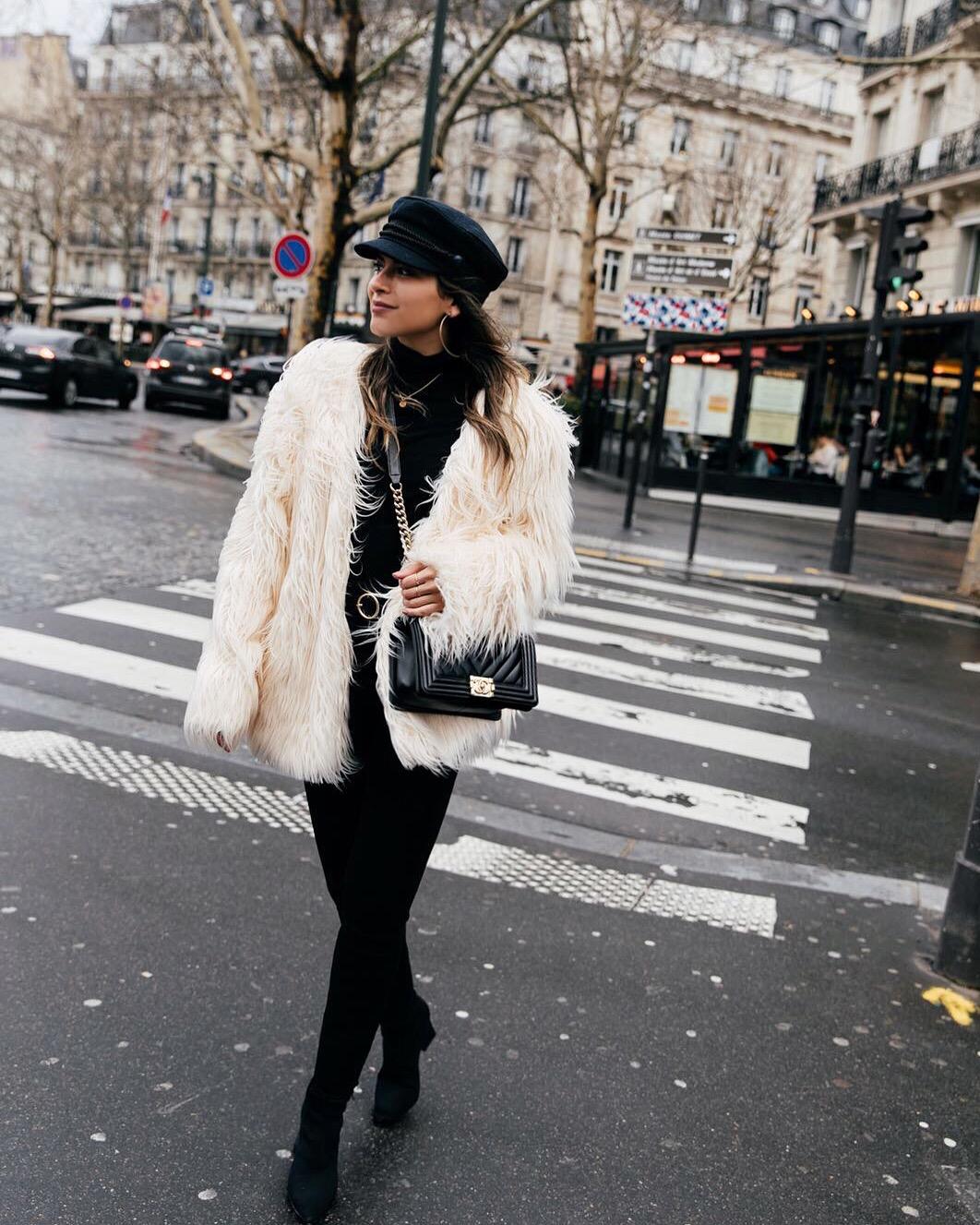 TheGirlFromPanama.com | In Paris With Armani Beauty | White Faux Fur Coat with Black Outfit in Paris, France
