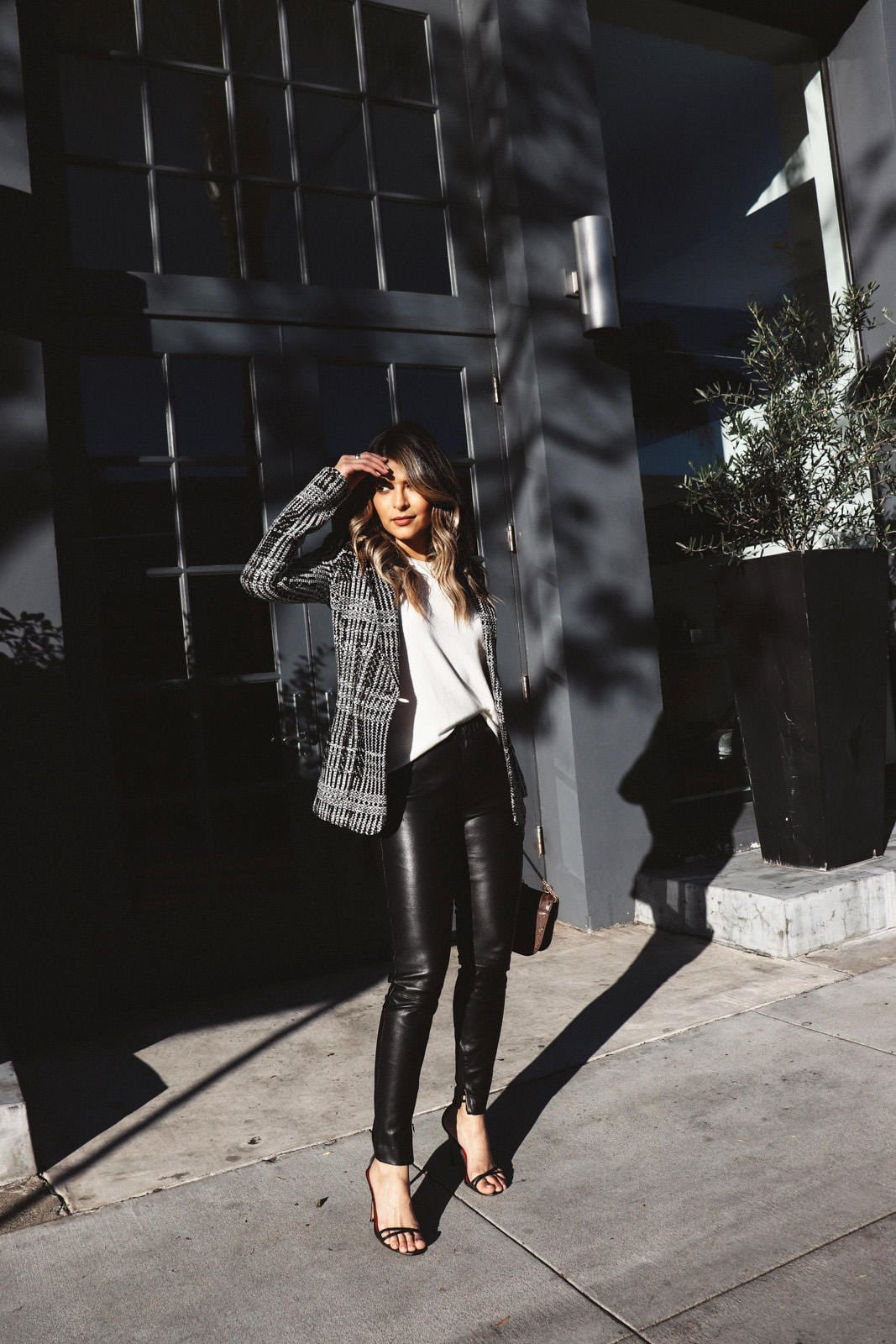 St Johns Blazer, leather pants, heels, spring outfit