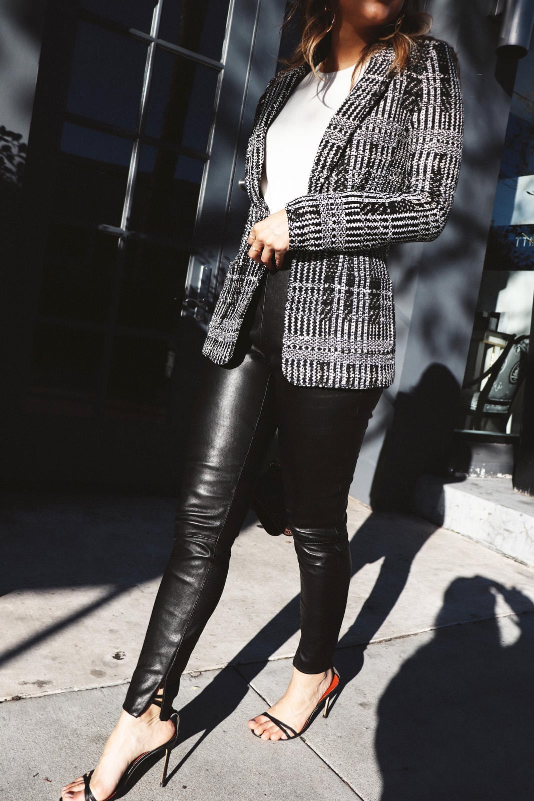 St Johns Blazer, leather pants, heels, spring outfit