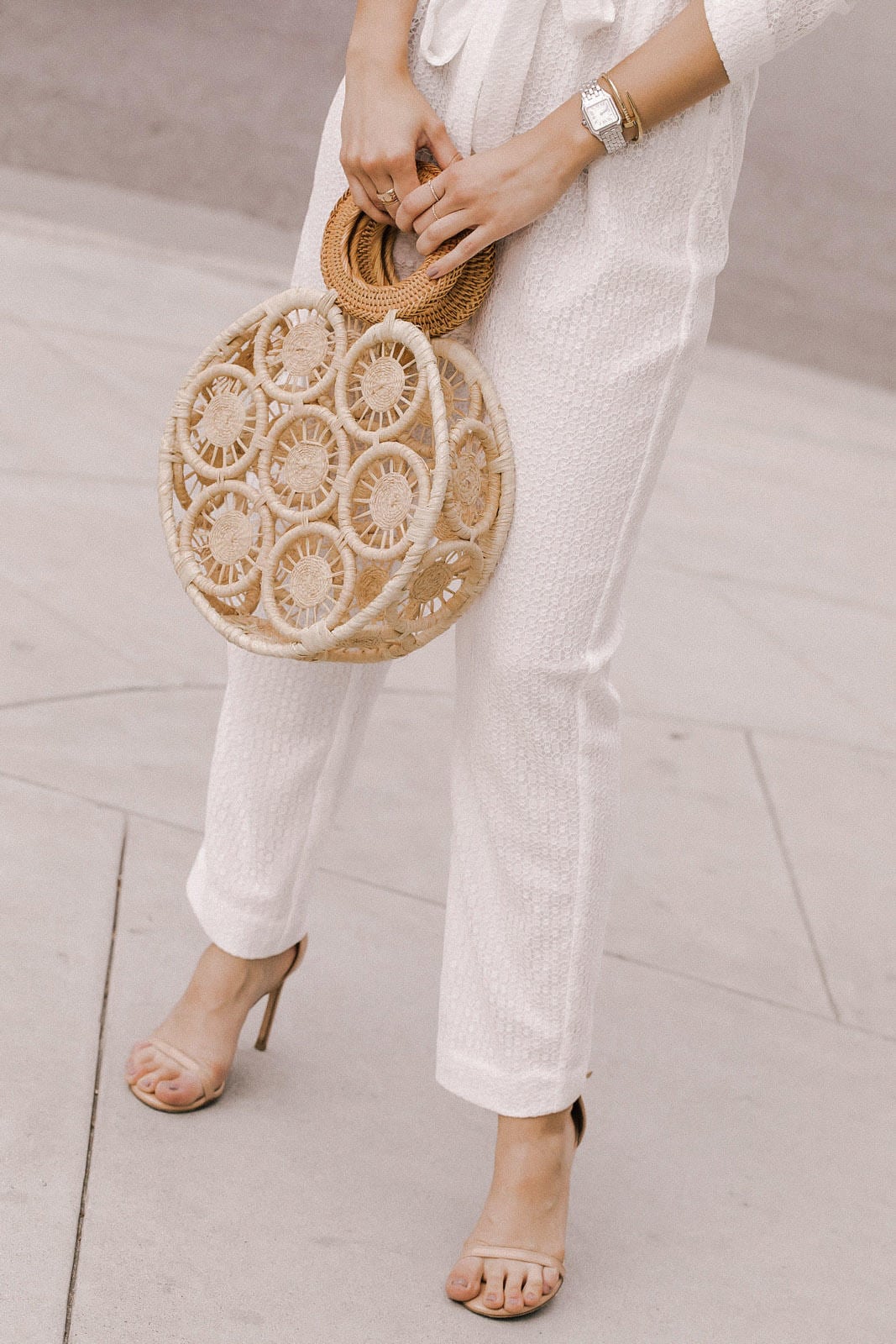 cult gaia bag, white wrap jumpsuit, stuart weitzman heels, eyelet outfit, jenny bird earrings, white jumpsuit, how to wear a jumpsuit, petite fashion | TheGirlFromPanama.com