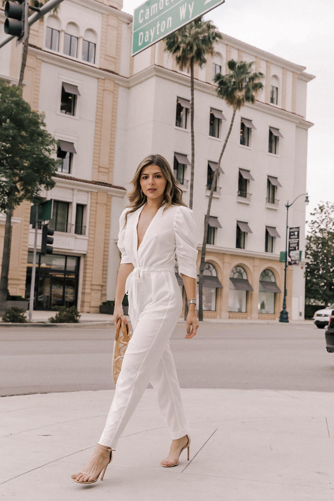 cult gaia bag, white wrap jumpsuit, stuart weitzman heels, eyelet outfit, jenny bird earrings, white jumpsuit, how to wear a jumpsuit, petite fashion | TheGirlFromPanama.com