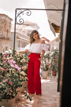 White Off the Shoulder Top, Red Trousers, Wide Leg Pants, Chic Summer Outfit, Pam Hetlinger Style | TheGirlFromPanama.com
