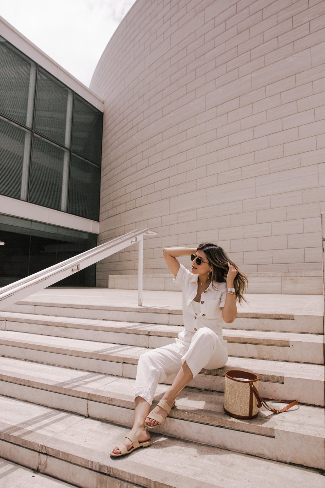 Pam Hetlinger Outfits, Sezane Jumpsuit, Slide Sandals, Straw Bag, July 4 Outfit | TheGirlFromPanama.com | 5 July 4 Outfits You'll Want to Wear All Summer Long by Pam Hetlinger