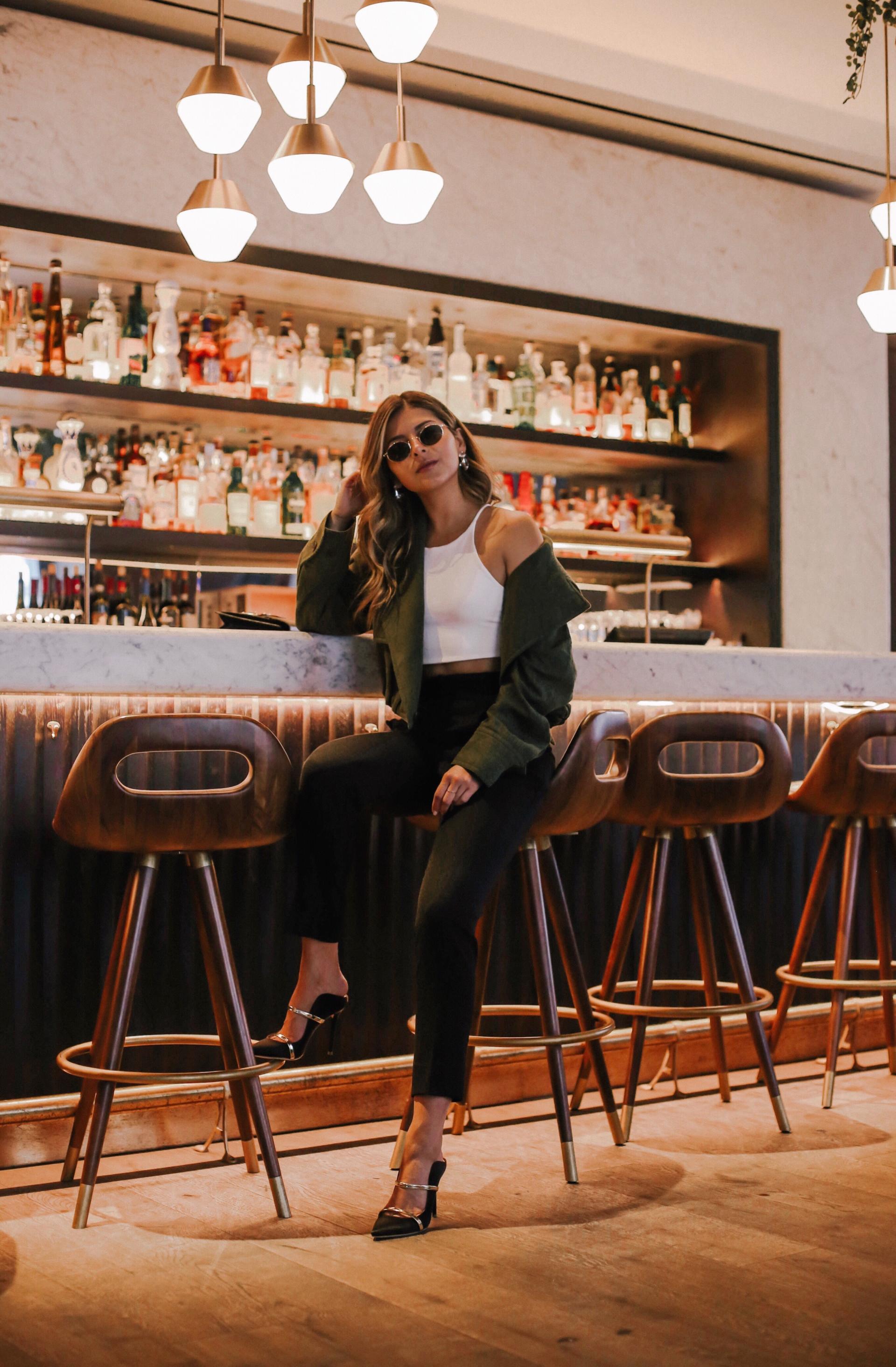 How to Recover After A Long Flight by Pam Hetlinger | TheGirlFromPanama.com | Chic style, vince olive green jacket, gigi barcelona sunnies, nyc style, la fashion blogger, malone souliers heels