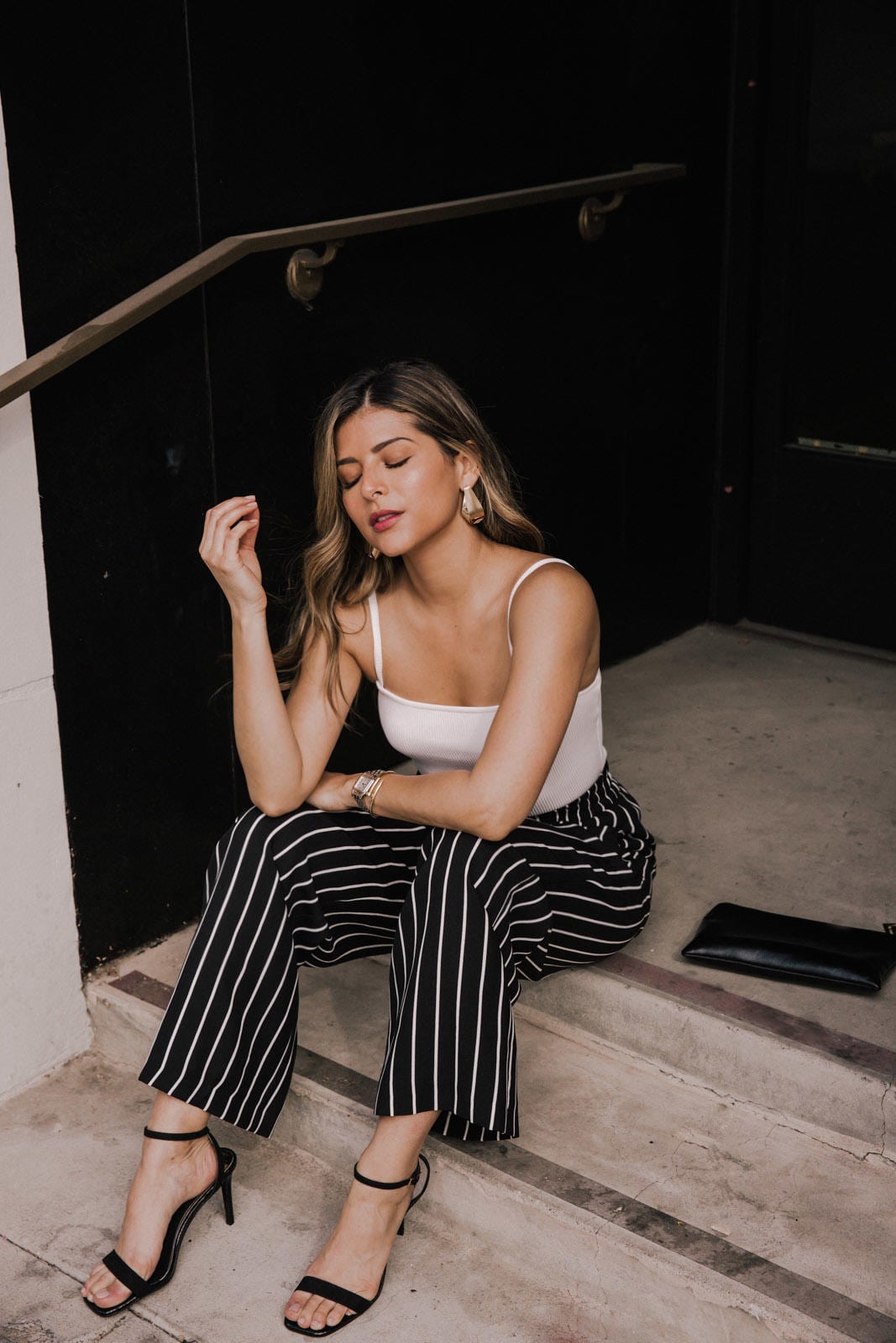 4 Kinds of Pants All Petite Girls Need by Pam Hetlinger | TheGirlFromPanama.com | River Island outfit, wide leg pants, summer outfit, white bodysuit, river island stripe pants, river island bodysuit