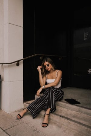 4 Kinds of Pants All Petite Girls Need by Pam Hetlinger | TheGirlFromPanama.com | River Island outfit, wide leg pants, summer outfit, white bodysuit, river island stripe pants, river island bodysuit