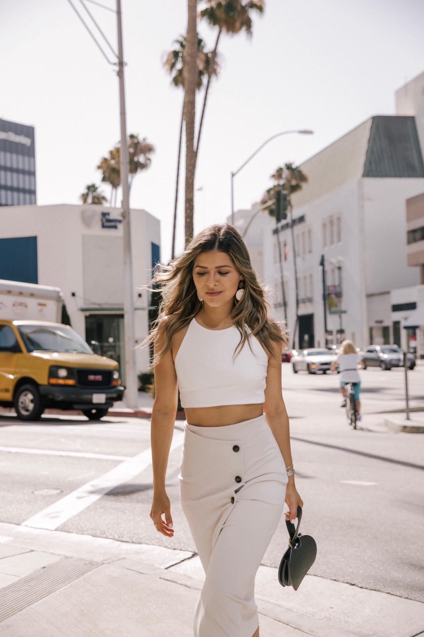 What to Wear When It's Super Hot Outside by Pam Hetlinger | TheGirlFromPanama.com | Button Midi Skirt, Slit Midi Skirt, Summer Outfit, Crop Top, Bracelet Bag, LA Fashion Blogger