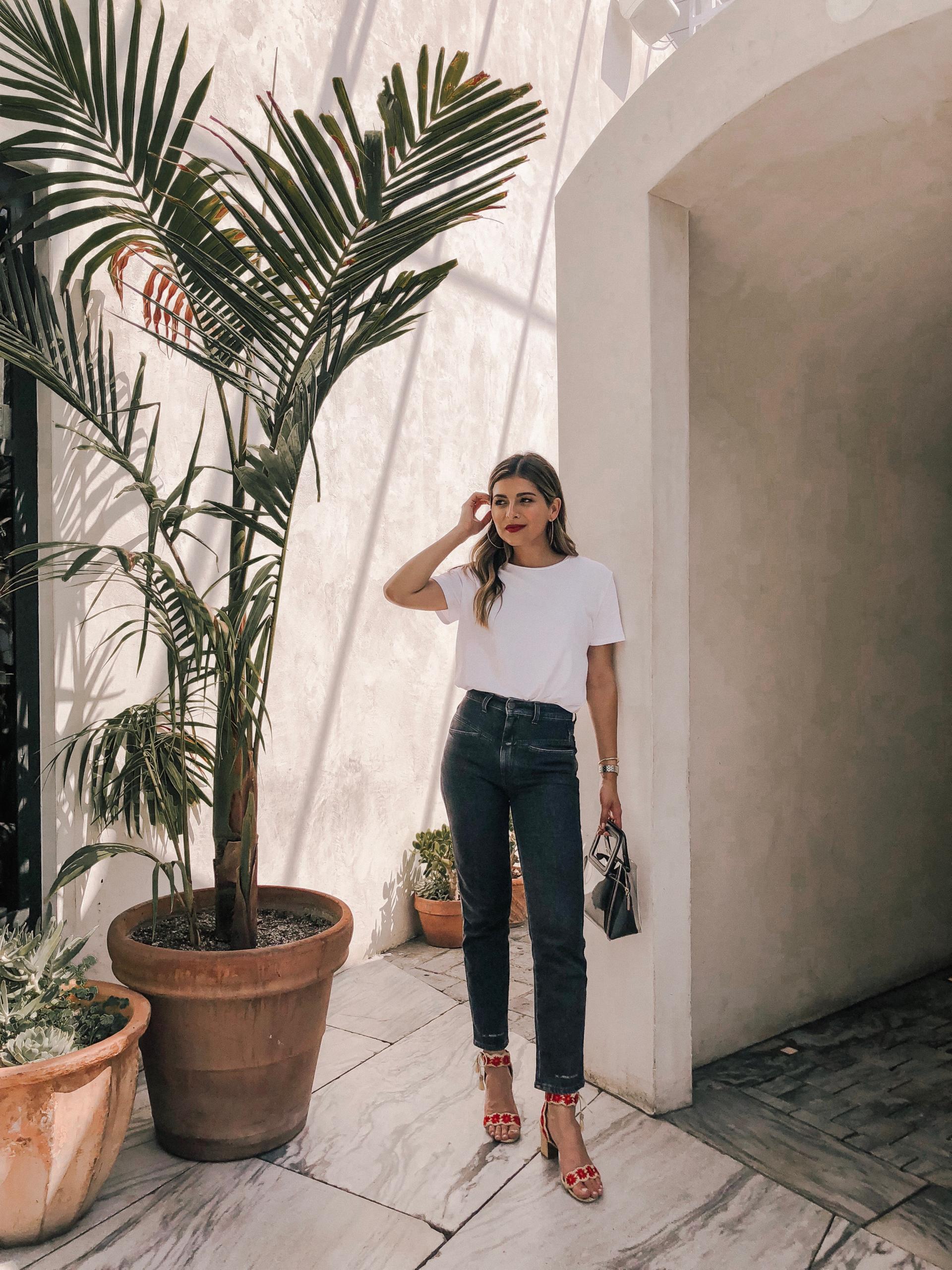 3 Tips for Styling a Basic White Tee by Pam Hetlinger | TheGirlFromPanama.com | White Tee, Staud Bag, Mom Jeans, Tabitha Simmons Heels