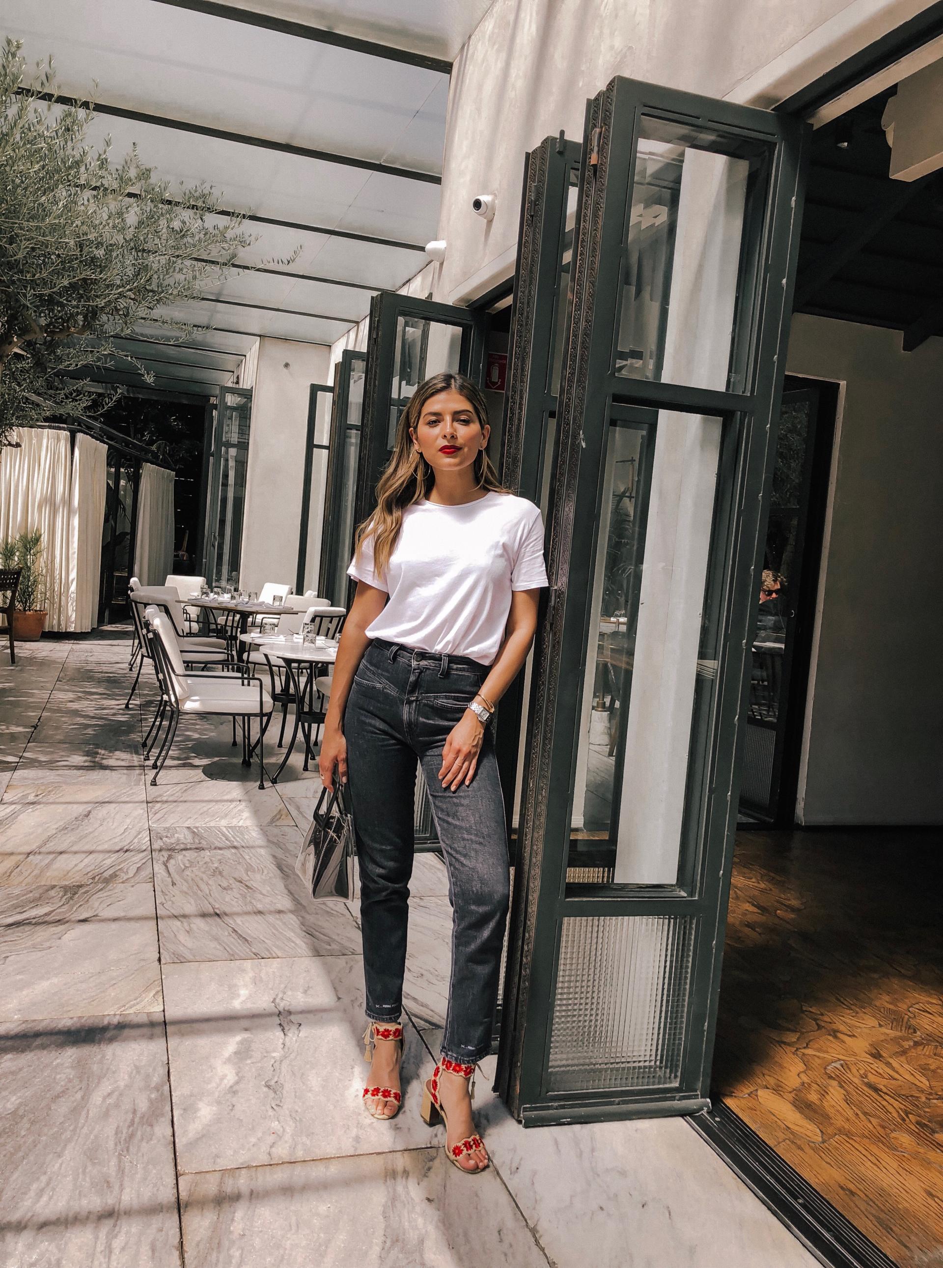 3 Tips for Styling a Basic White Tee by Pam Hetlinger | TheGirlFromPanama.com | White Tee, Staud Bag, Mom Jeans, Tabitha Simmons Heels