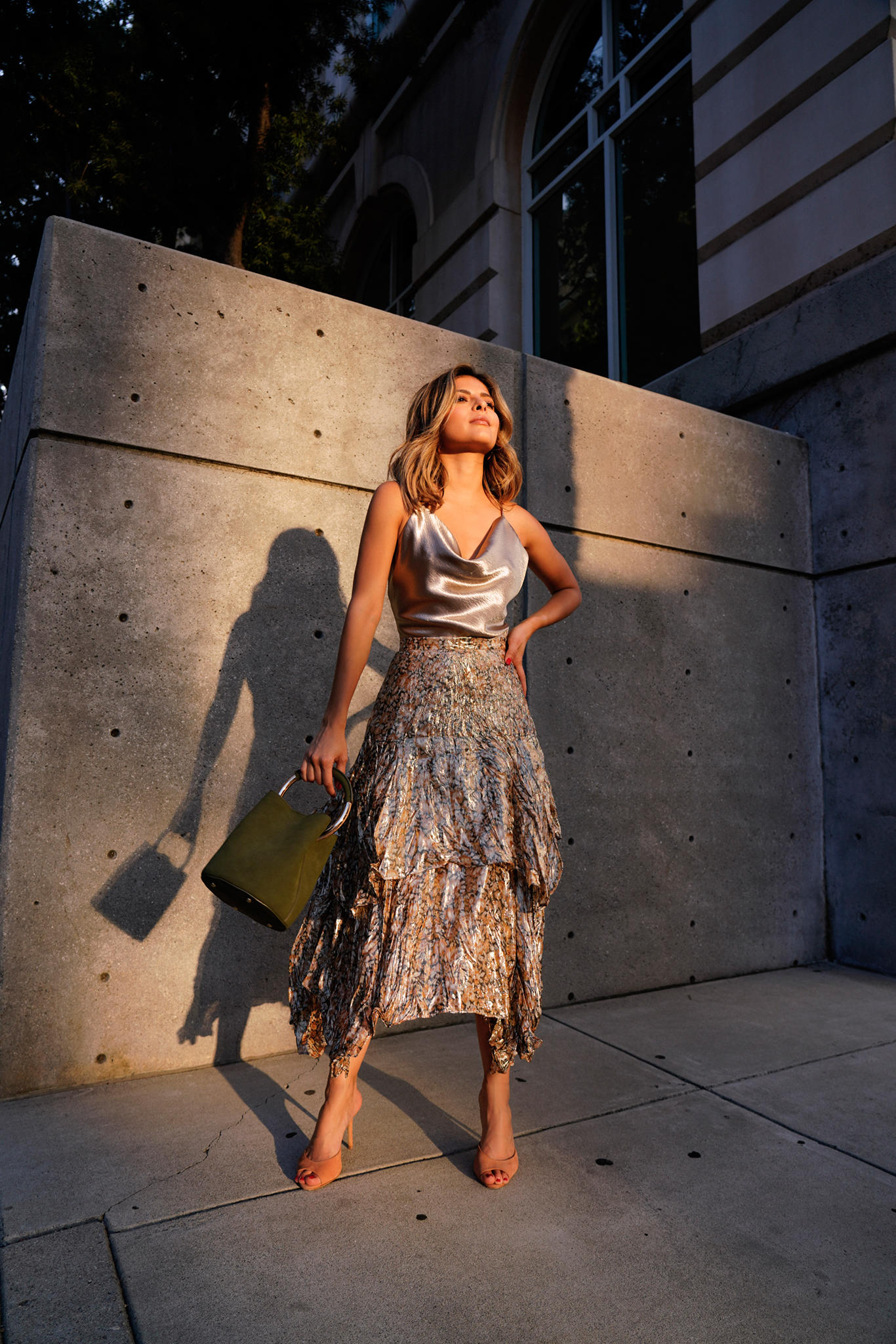 How to Nail a Perfect Night Out Look by Pam Hetlinger | TheGirlFromPanama.com | Metallic Cami, Strappy Heels, Metallic dressing, ruffle metallic skirt