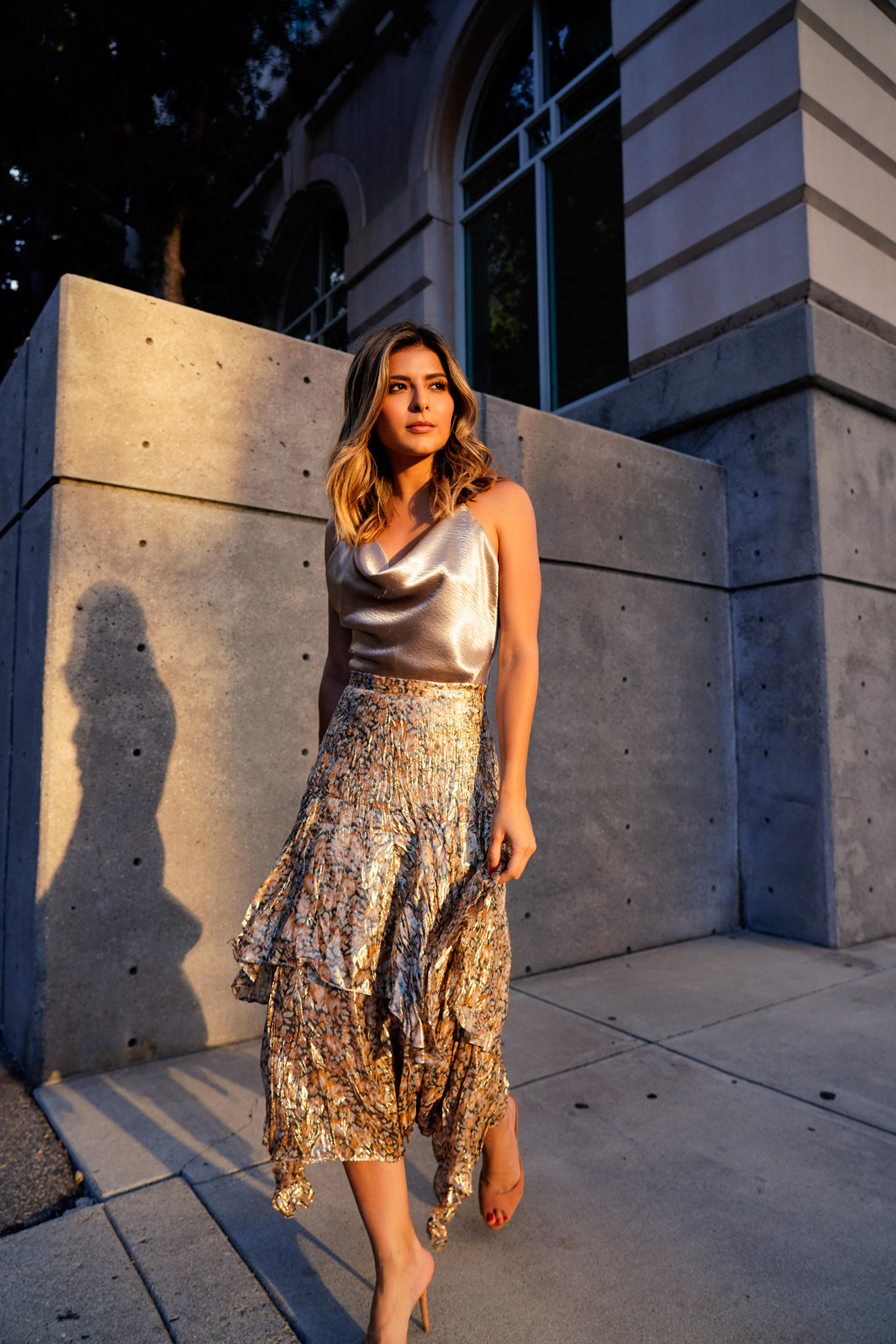 How to Nail a Perfect Night Out Look by Pam Hetlinger | TheGirlFromPanama.com | Metallic Cami, Strappy Heels, Metallic dressing, ruffle metallic skirt