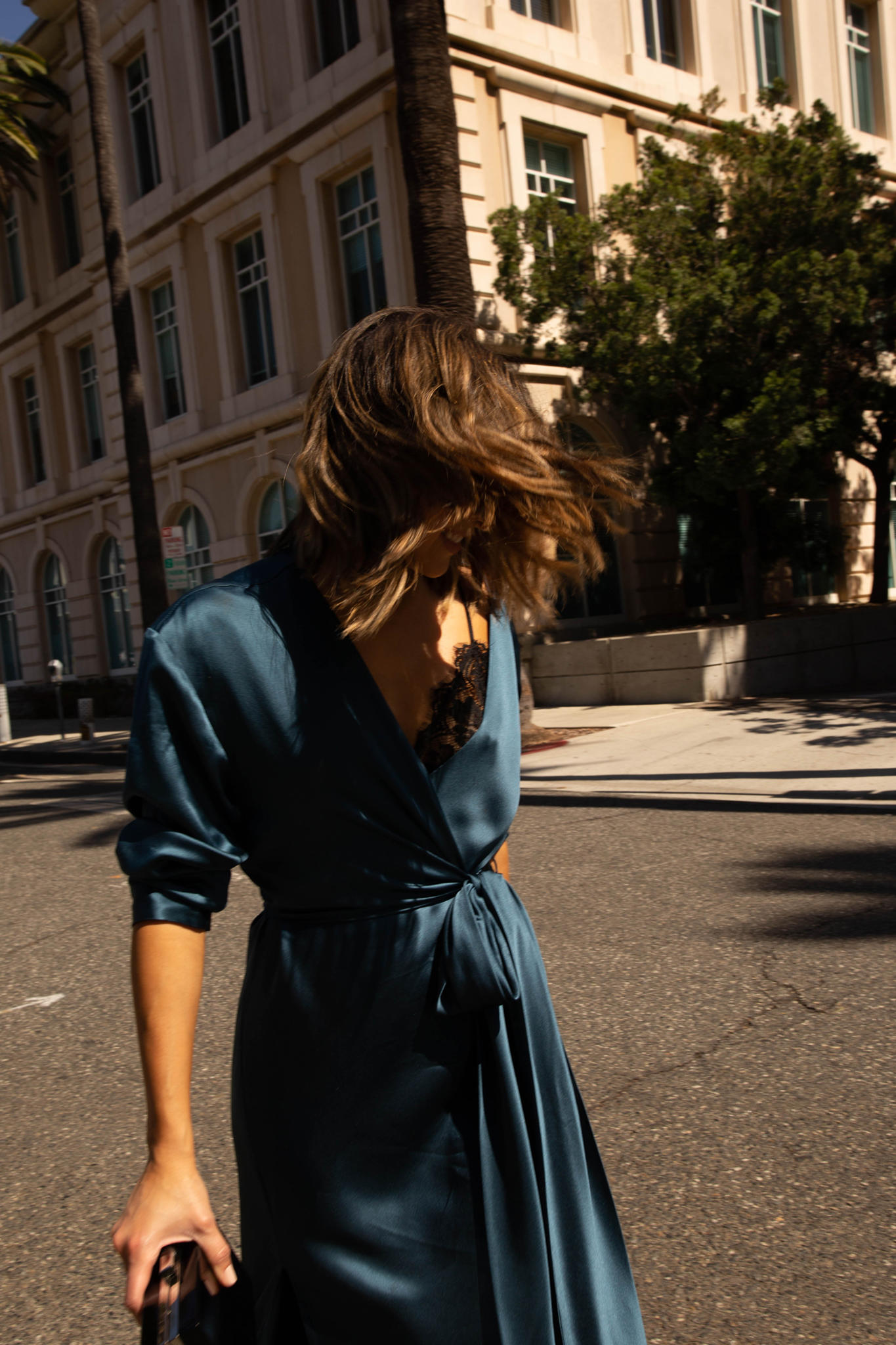 Best Fall Dresses to Shop Right Now by Pam Hetlinger | TheGirlFromPanama.com | Blue satin dress, satin wrap dress, fall dresses