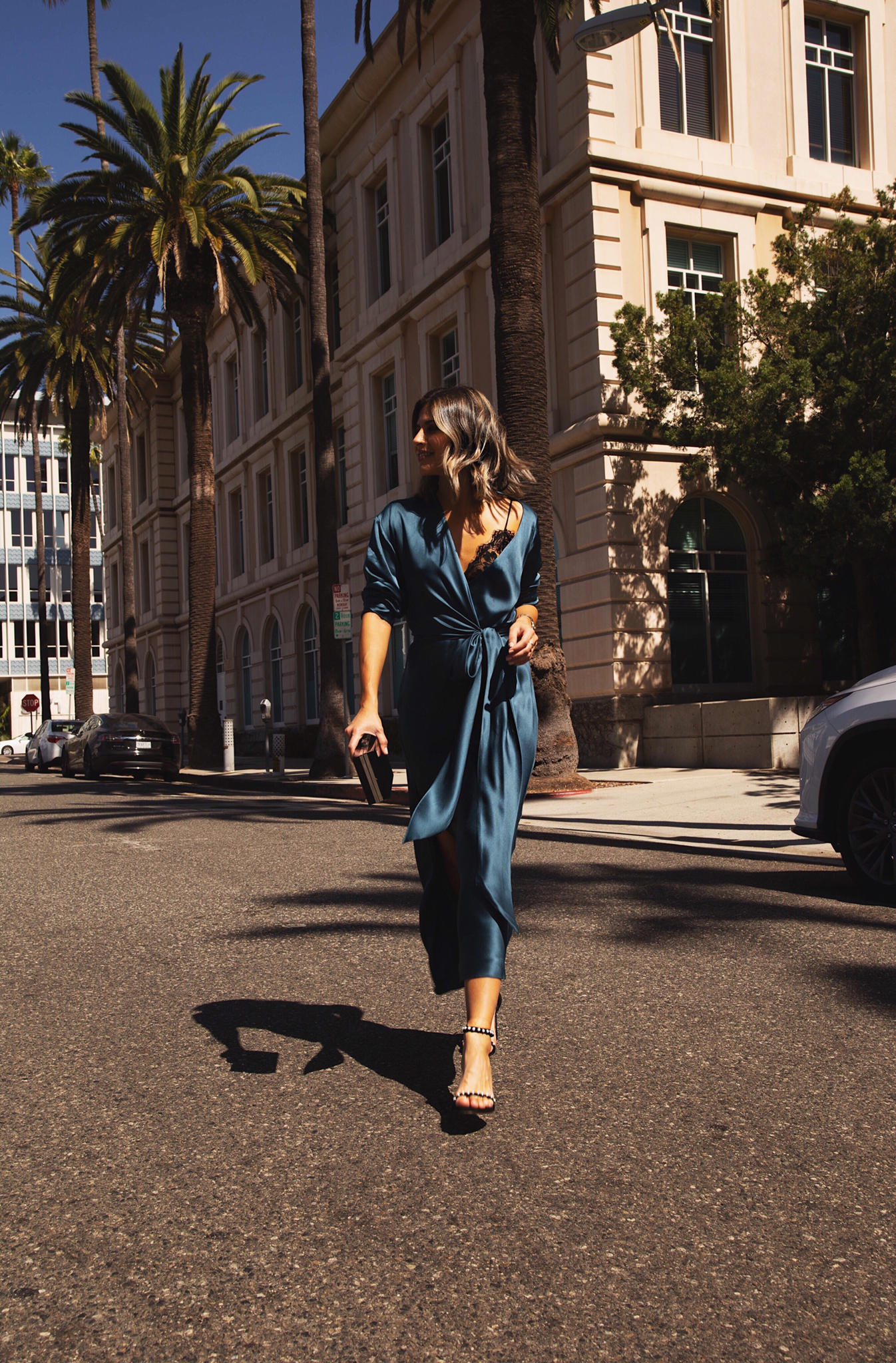 Best Fall Dresses to Shop Right Now by Pam Hetlinger | TheGirlFromPanama.com | Blue satin dress, satin wrap dress, fall dresses