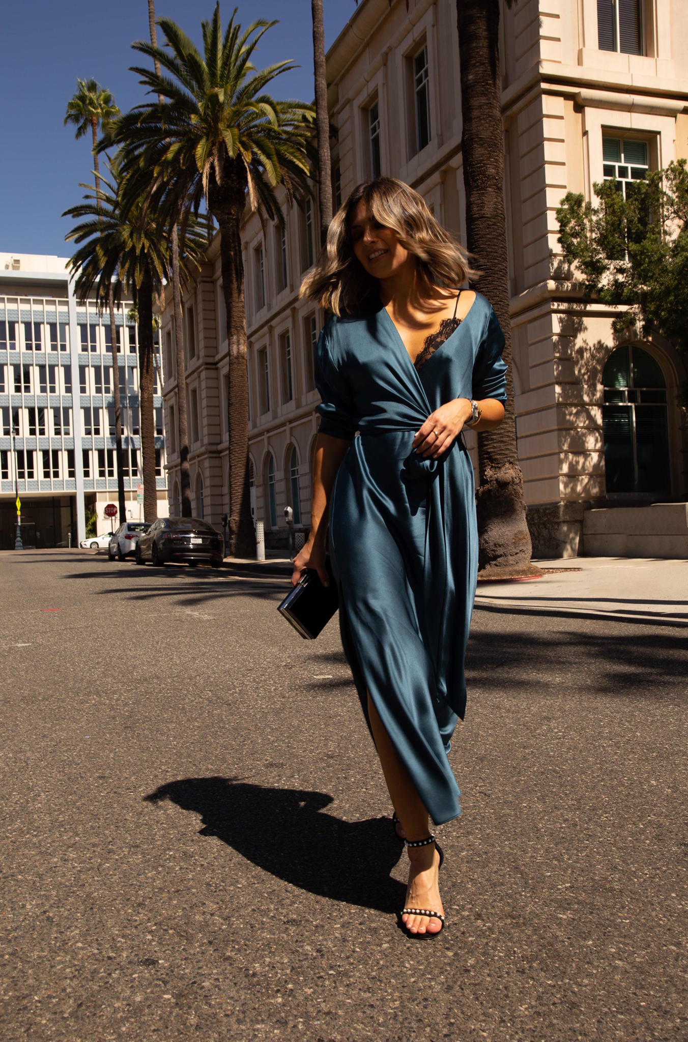 Best Fall Dresses to Shop Right Now by Pam Hetlinger | TheGirlFromPanama.com | Blue satin dress, satin wrap dress, fall dresses