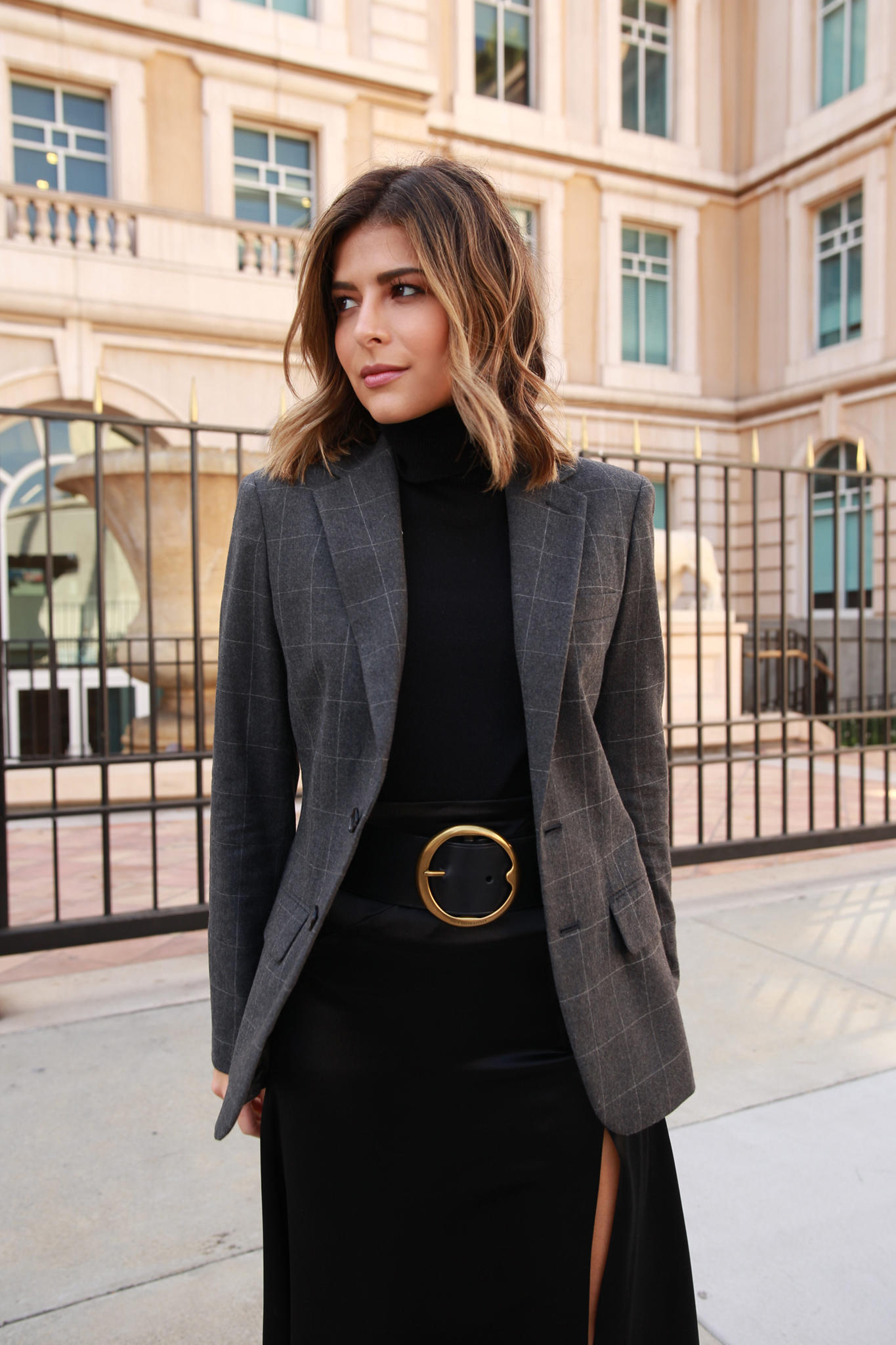 Chic Workwear Pieces You need for Fall by Pam Hetlinger | TheGirlFromPanama.com | Plaid Blazer, Turtleneck Sweater, Classic American Style, Ralph Laurent office wear, Black Sock booties, slit midi skirt